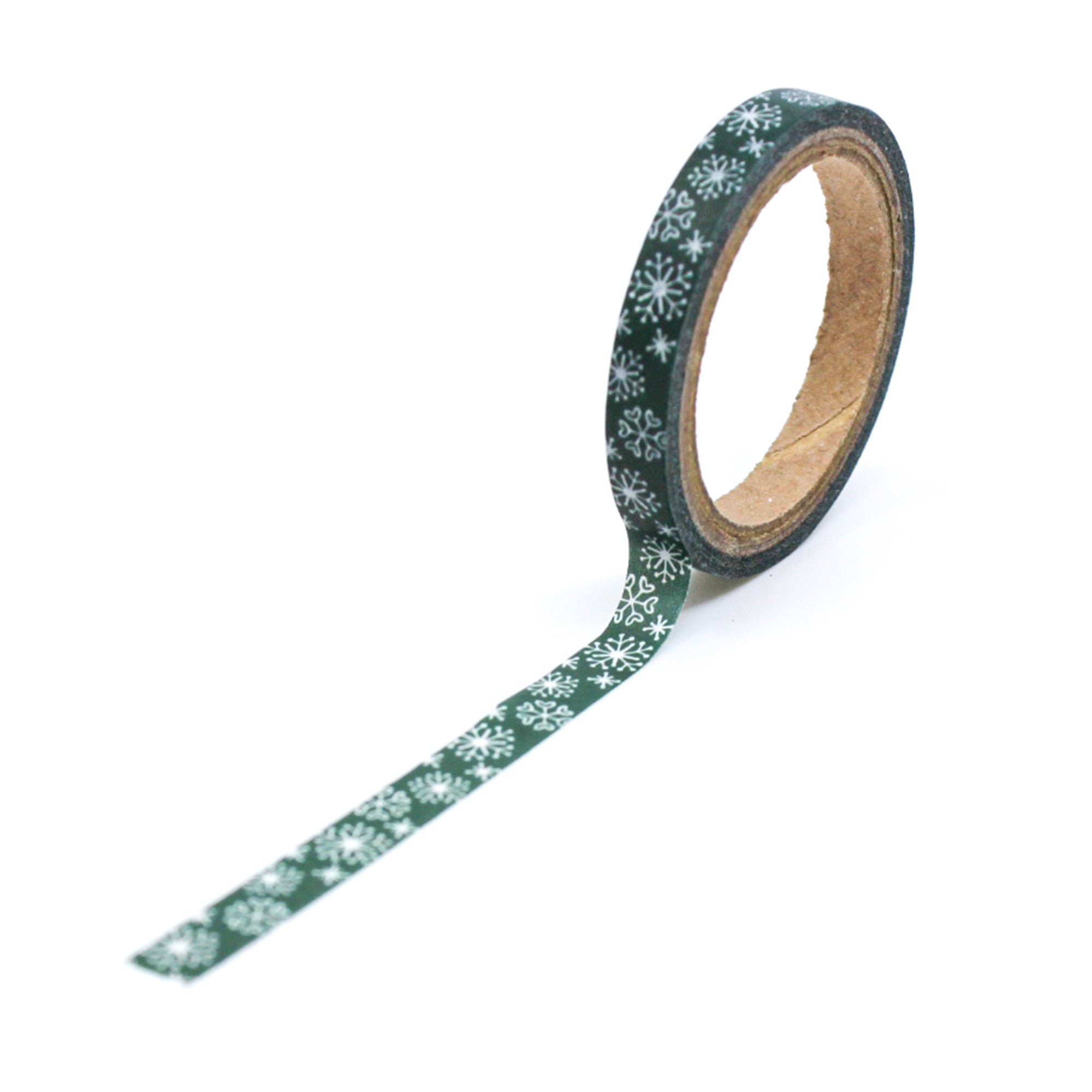 Elevate your winter crafts with our green snowflake washi tape, featuring intricate snowflake designs in a refreshing shade of green, perfect for adding a touch of seasonal wonder to your projects. This tape is sold at BBB Supplies Craft Shop.