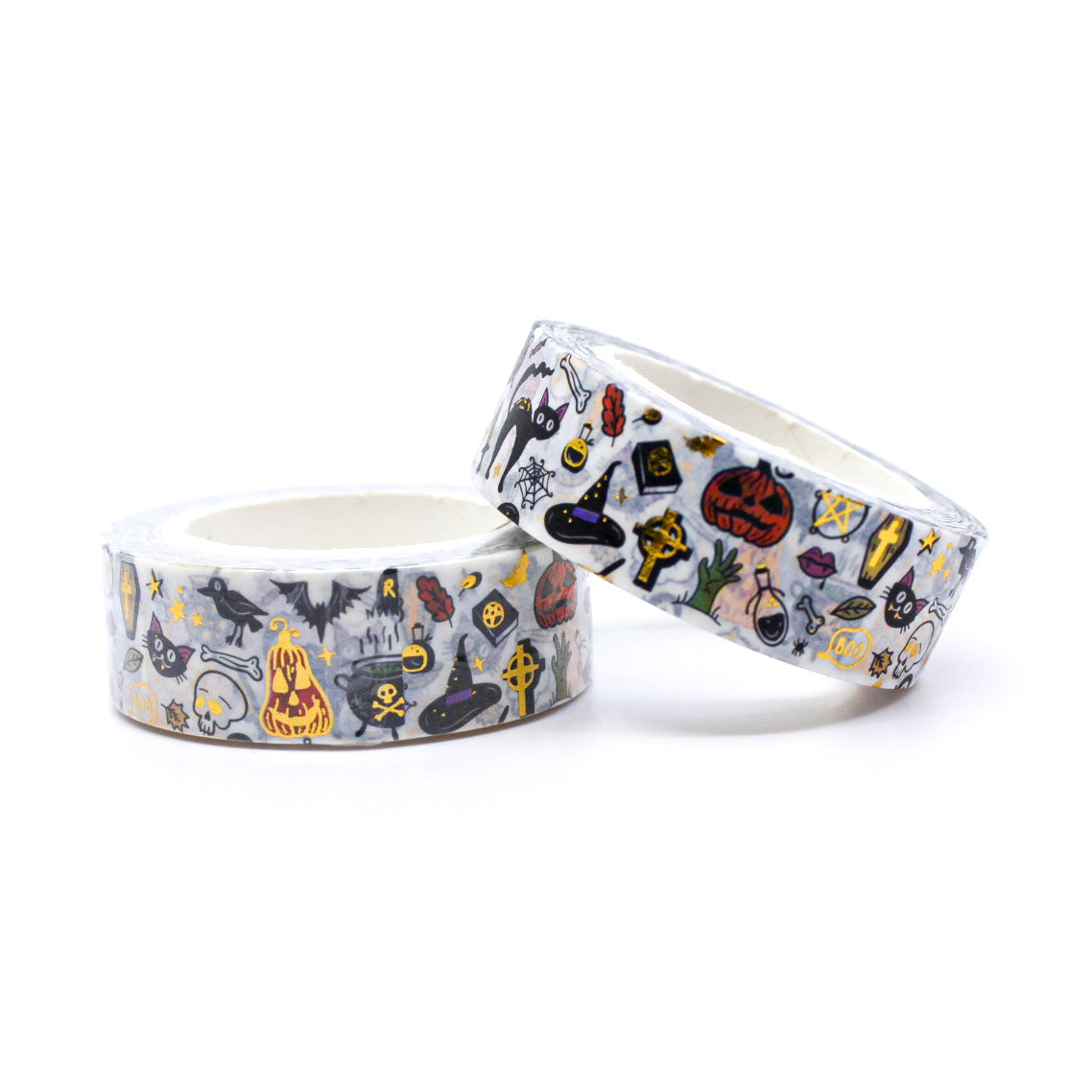 Elevate your Halloween crafts with our Gold Foil Halloween Objects Washi Tape, featuring a collection of spooky and stylish Halloween-themed illustrations in shimmering gold foil. Ideal for adding an elegant and festive touch to your projects. This tape is sold at BBB Supplies Craft Shop.