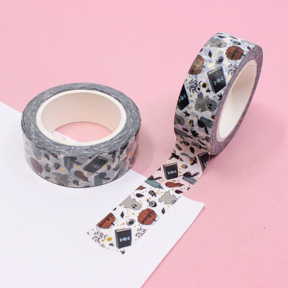 Elevate your Halloween crafts with our Gold Foil Halloween Objects Washi Tape, adorned with a collection of spooky and stylish Halloween-themed illustrations in shimmering gold foil. Ideal for adding an elegant and festive touch to your projects. This tape is sold at BBB Supplies Craft Shop.