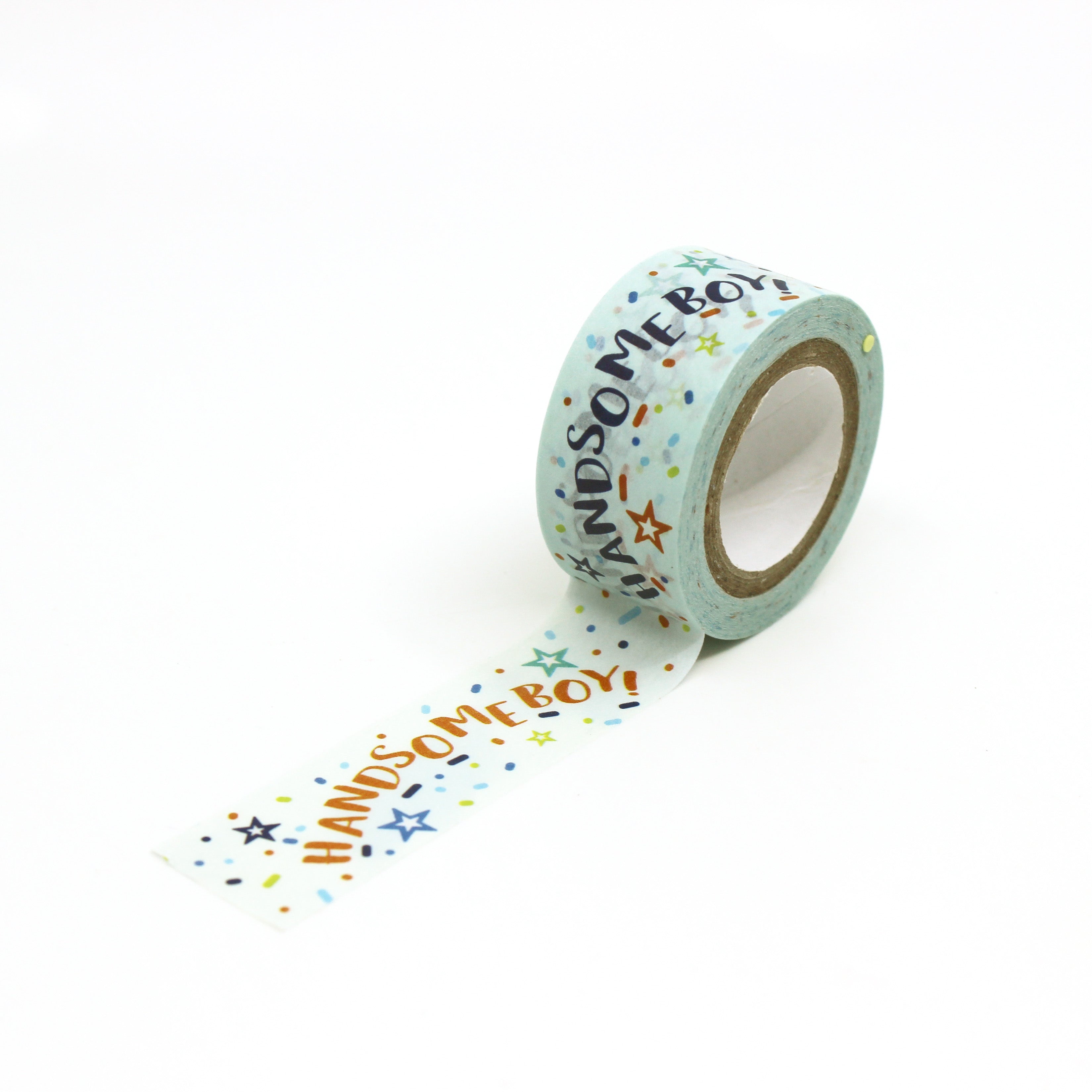 Strip of baby boy themed washi tape laid out on white paper background.