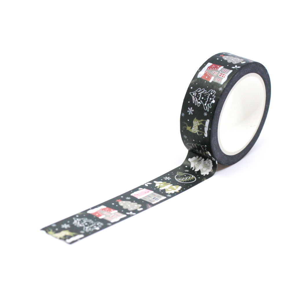 Decorate your holiday projects with this festive washi tape featuring a variety of Christmas objects. From ornaments to stockings, this tape is perfect for adding a touch of holiday cheer to your crafts. This tape is sold at BBB Supplies Craft Shop.