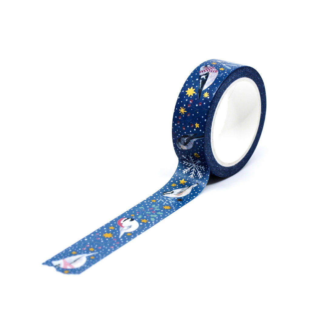 decorative Holiday washi tape featuring adorable birds in scarves and snow