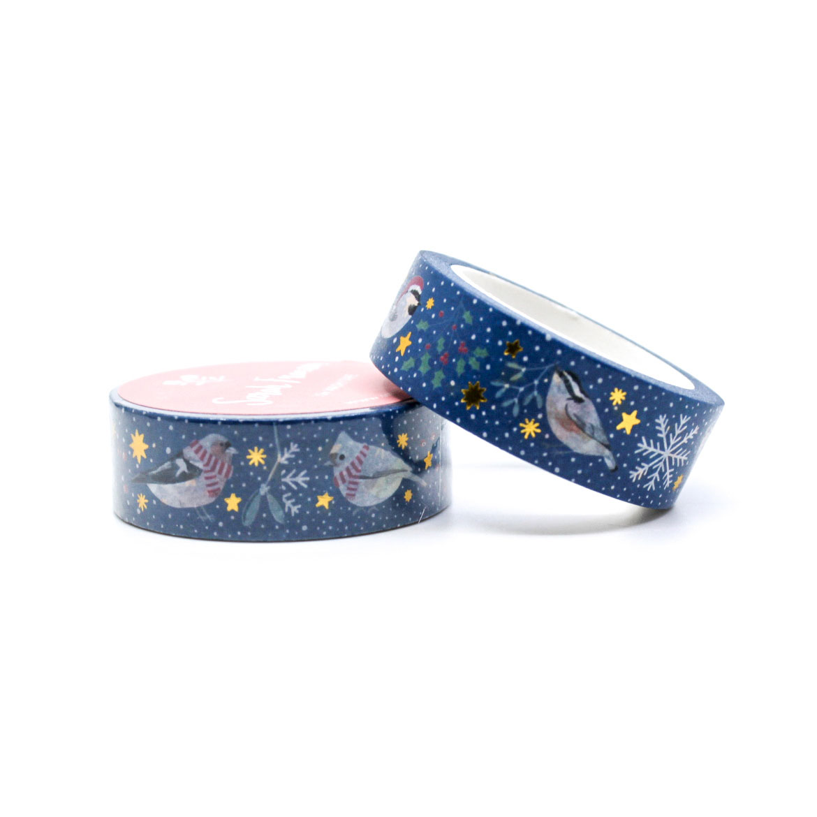 two rolls of Festive navy washi tape with snowflakes and bundled-up birds