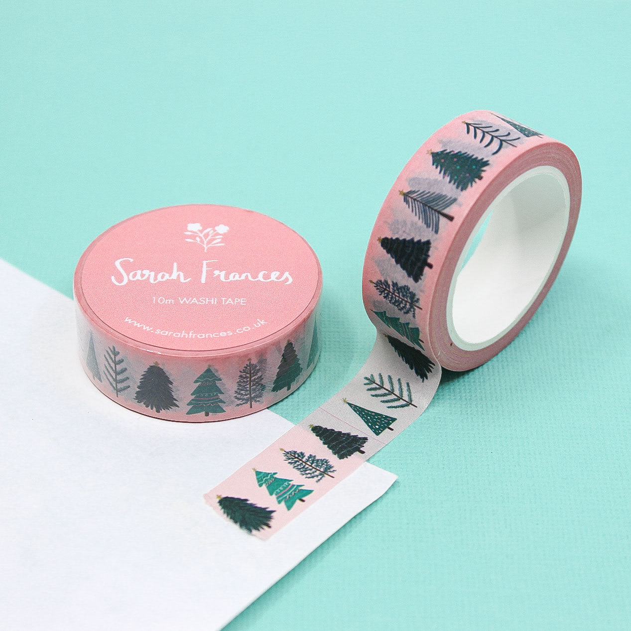 Christmas Tree Washi Tape with blush pink background and festive tree designs