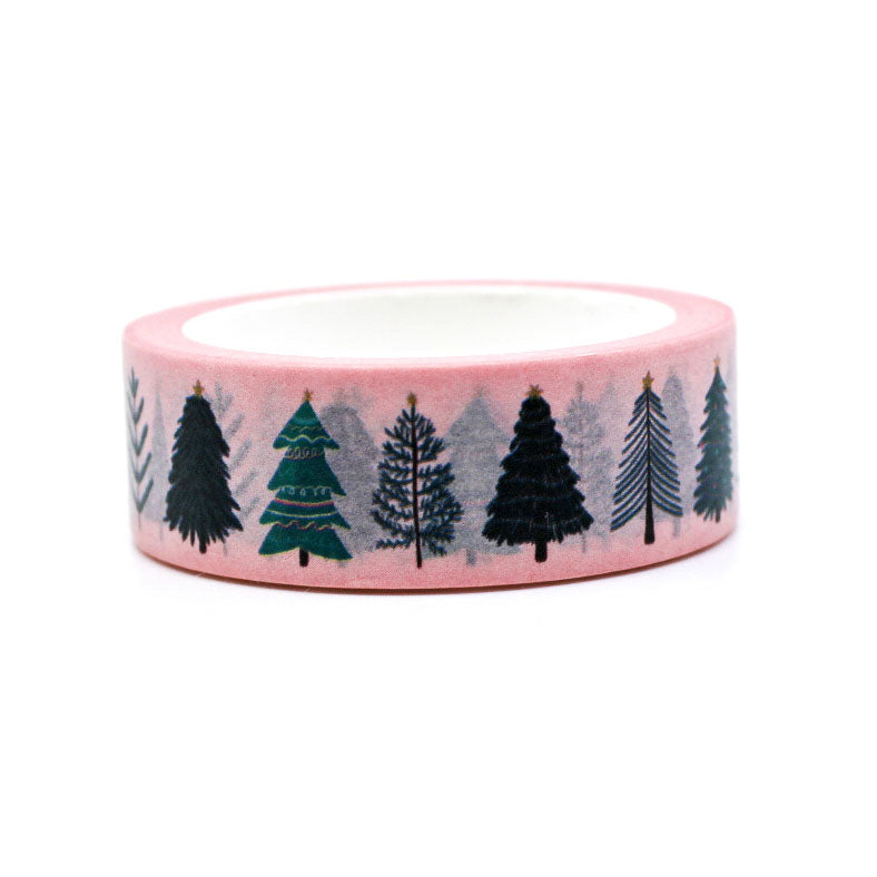 Soft pink holiday washi tape with modern Christmas trees