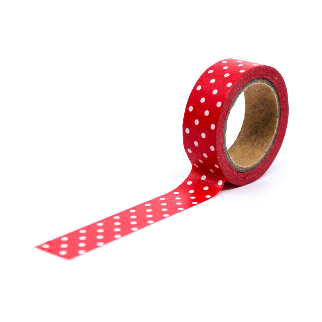 Red and White Polka Dot Washi Tape with a festive design, featuring a bright red background and white polka dots, ideal for holiday crafts and gift wrapping.