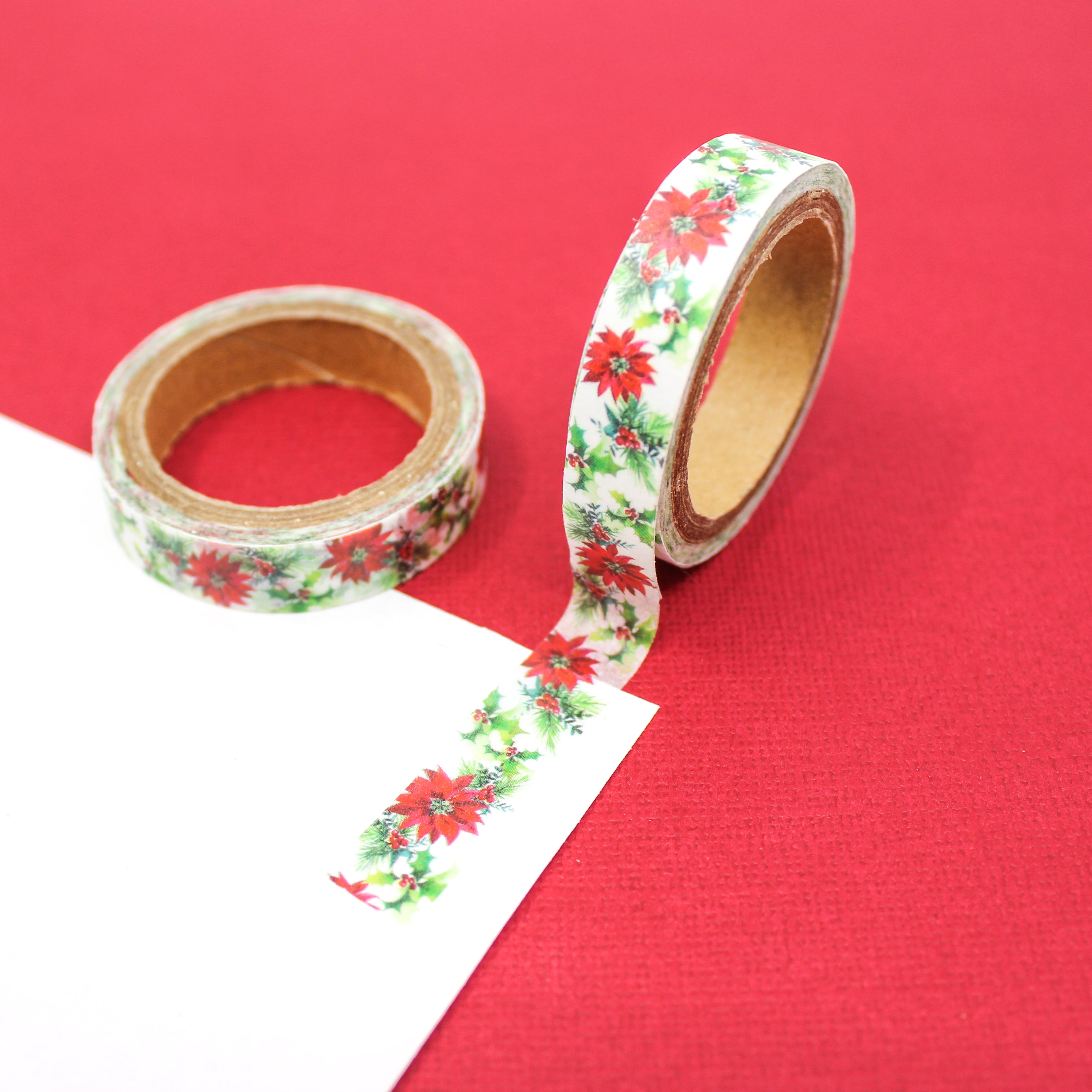 Infuse your creations with the beauty of the season using our washi tape adorned with holiday poinsettias, capturing the spirit and charm of Christmas floral arrangements. This tape is sold at BBB Supplies Craft Shop.
