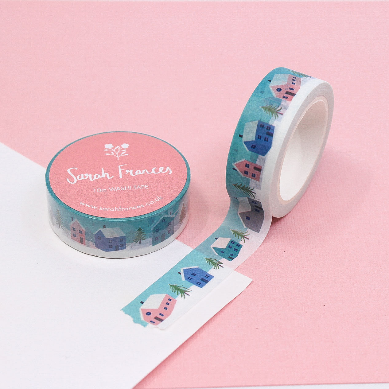 Cute winter town washi tape featuring holiday houses and trees