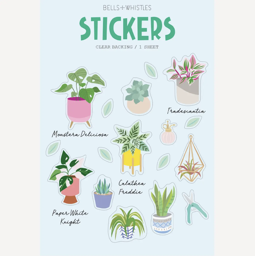 House plants sticker sheet with illustrated potted succulents and monstera leaves for journaling and planners