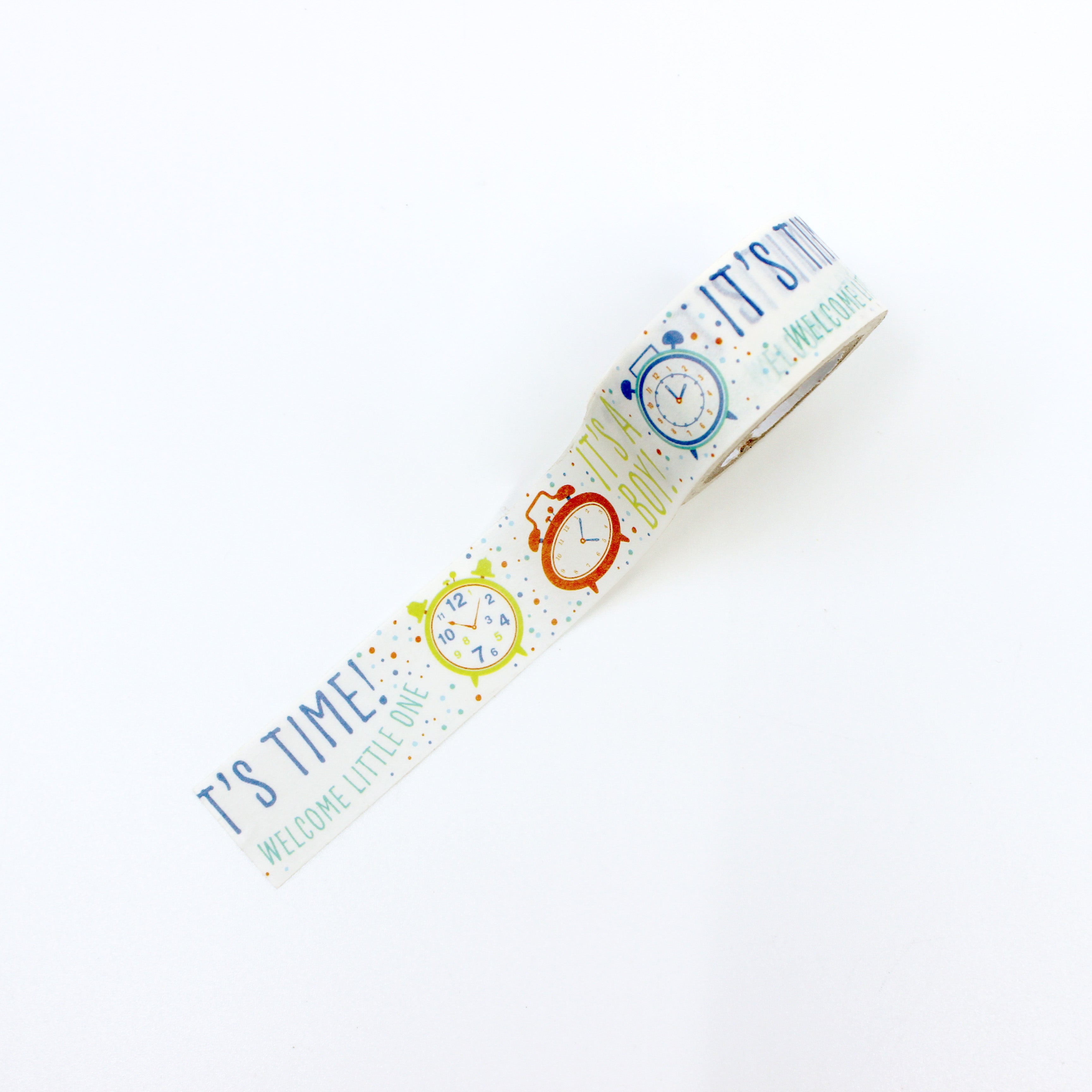 Baby boy washi tape featuring colorful clock illustrations