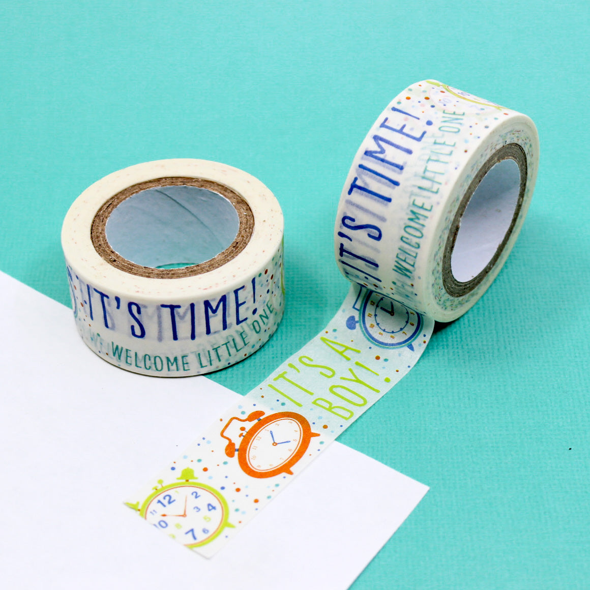 “It’s Time to Welcome Little Boy” washi tape with colorful clocks