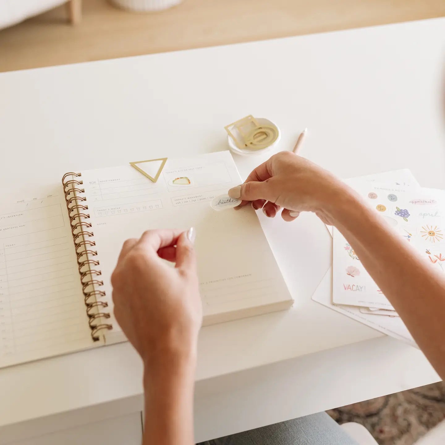 Person arranging decorative stickers from Ramona and Ruth Seasonal Stickers on a notebook with a plain background