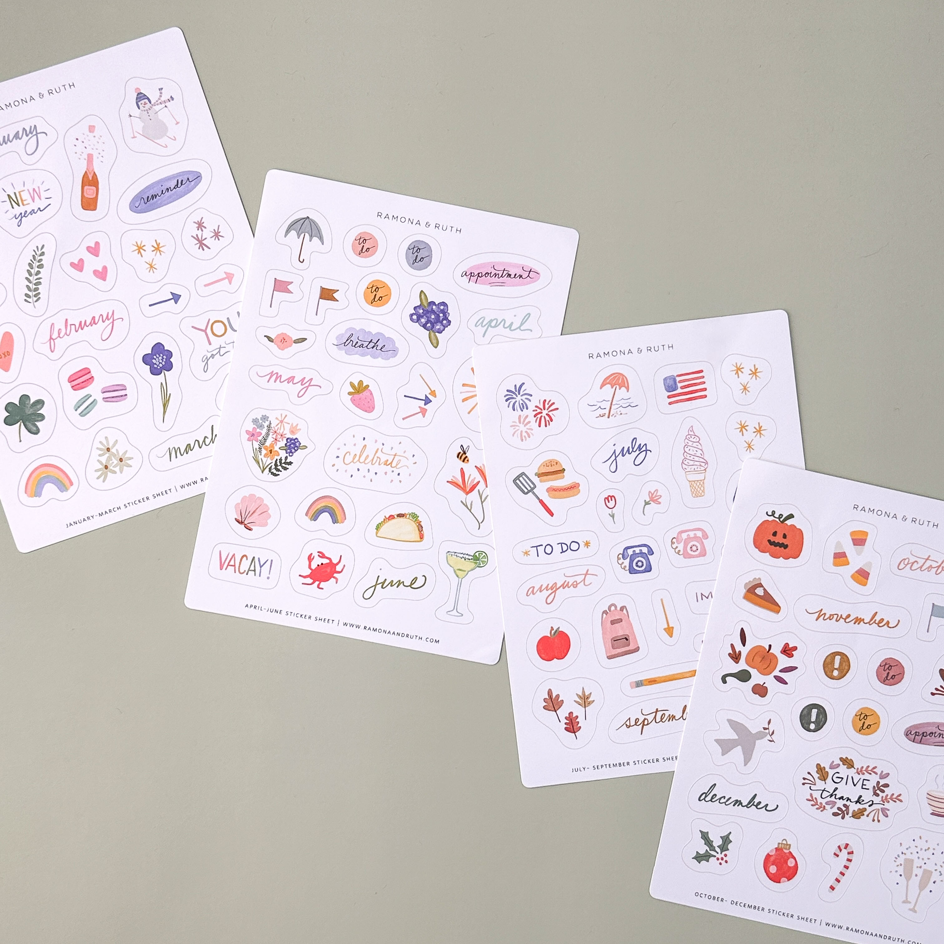 All Four Monthly Sticker sheets designs, which feature decorative stickers with various designs from those seasons on a green background