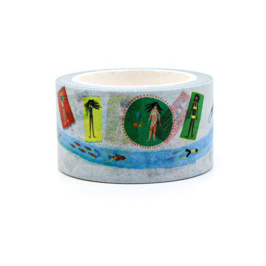 Add a relaxed, summery touch to your crafts with this washi tape featuring sunbathers floating down a lazy river, perfect for journals, scrapbooks, and more. This tape is designed by Rebecca Jane Woolbright and is sold at BBB Supplies Craft Shop.