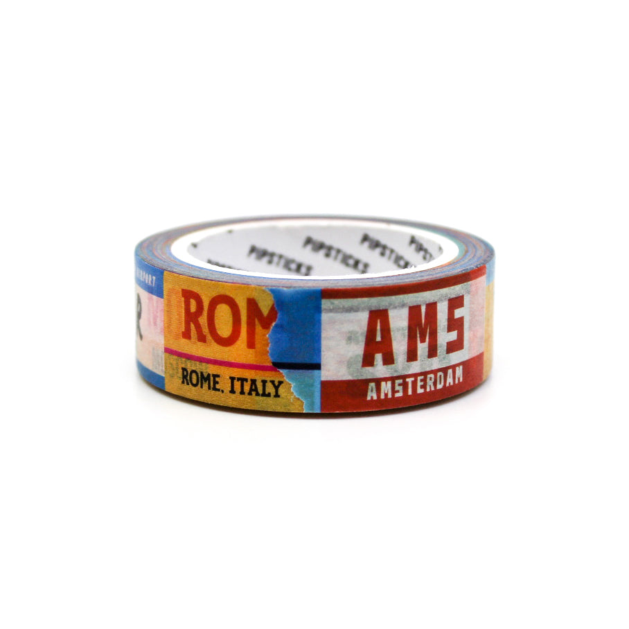 Decorate your travel-themed crafts with this washi tape featuring colorful luggage tags from various destinations, ideal for planners, scrapbooks, and journals. This tape is from Pipsticks and sold at BBB Supplies Craft Shop.