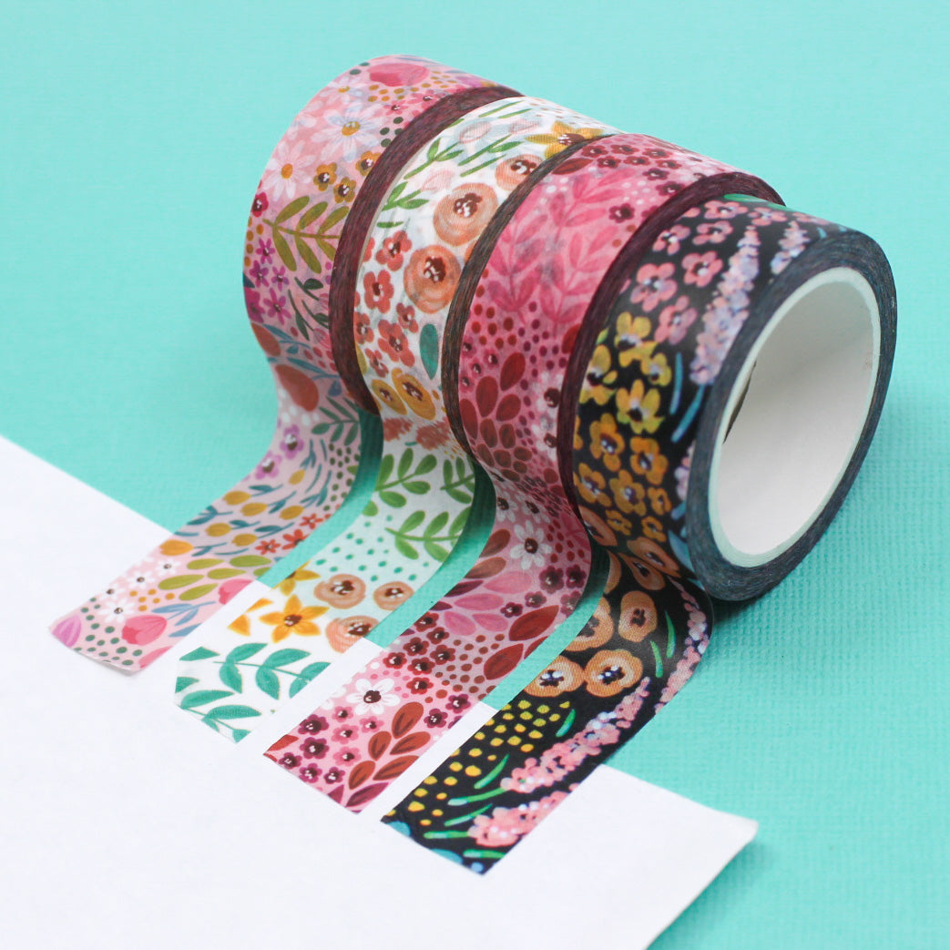 Modern White Summer Floral Washi Tape: Elegant white tape adorned with vibrant summer flowers, perfect for enhancing your planners, journals, and craft projects with a fresh, seasonal touch. This tape is from Elyse Breanne Designs and sold at BBB Supplies Craft Shop.