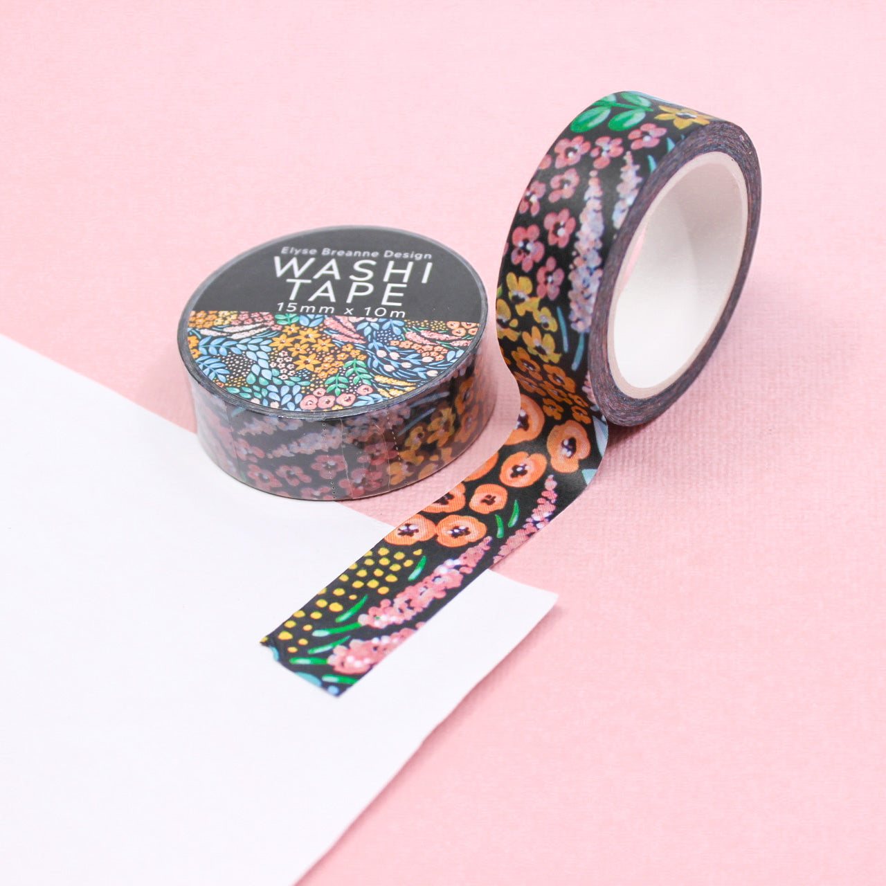 Modern Black Floral Washi Tape: Elegant black tape with contemporary floral designs, ideal for adding a sophisticated touch to your planners, scrapbooks, and craft projects. This tape is from Elyse Breanne Designs and sold at BBB Supplies Craft Shop.
