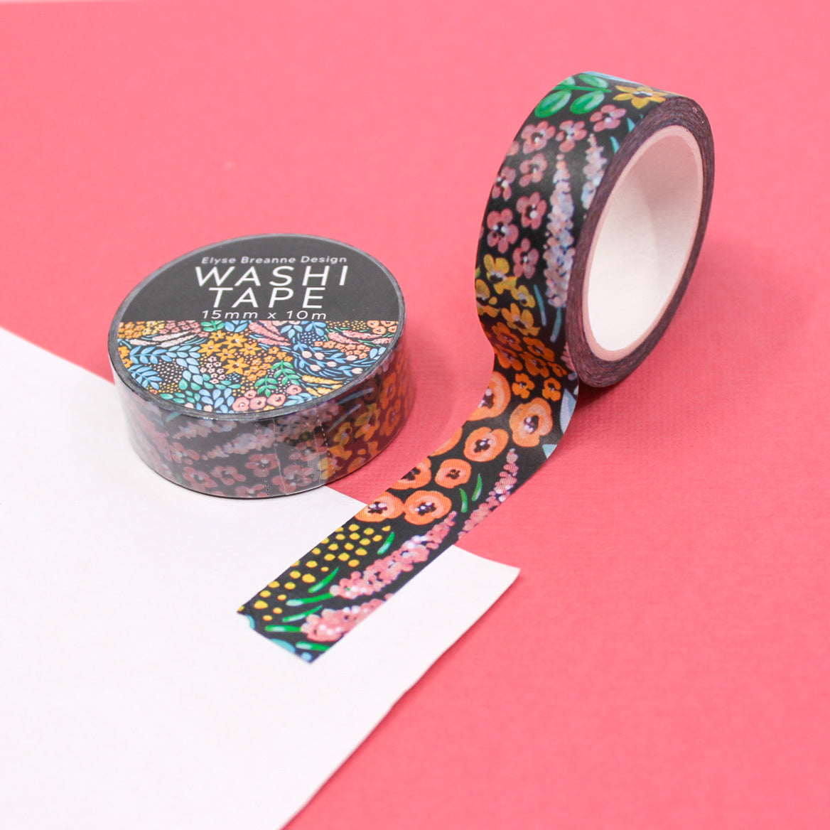 Modern Black Floral Washi Tape: Elegant black tape with contemporary floral designs, ideal for adding a sophisticated touch to your planners, scrapbooks, and craft projects. This tape is from Elyse Breanne Designs and sold at BBB Supplies Craft Shop.