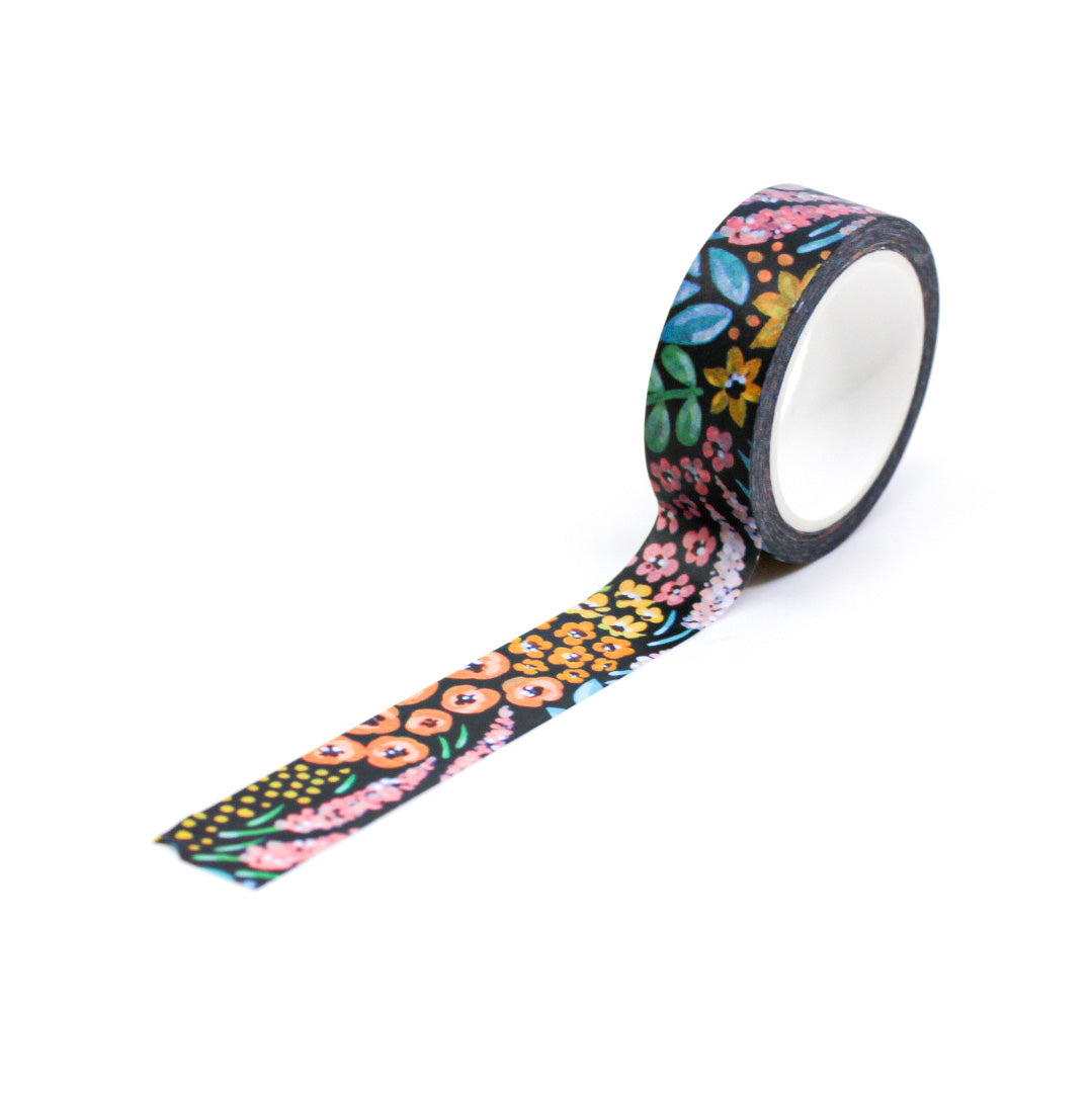 Modern Black Floral Washi Tape: Elegant black tape with contemporary floral designs, ideal for adding a sophisticated touch to your planners, scrapbooks, and craft projects. This tape is from Elyse Breanne Designs and sold at BBB Supplies Craft Shop.