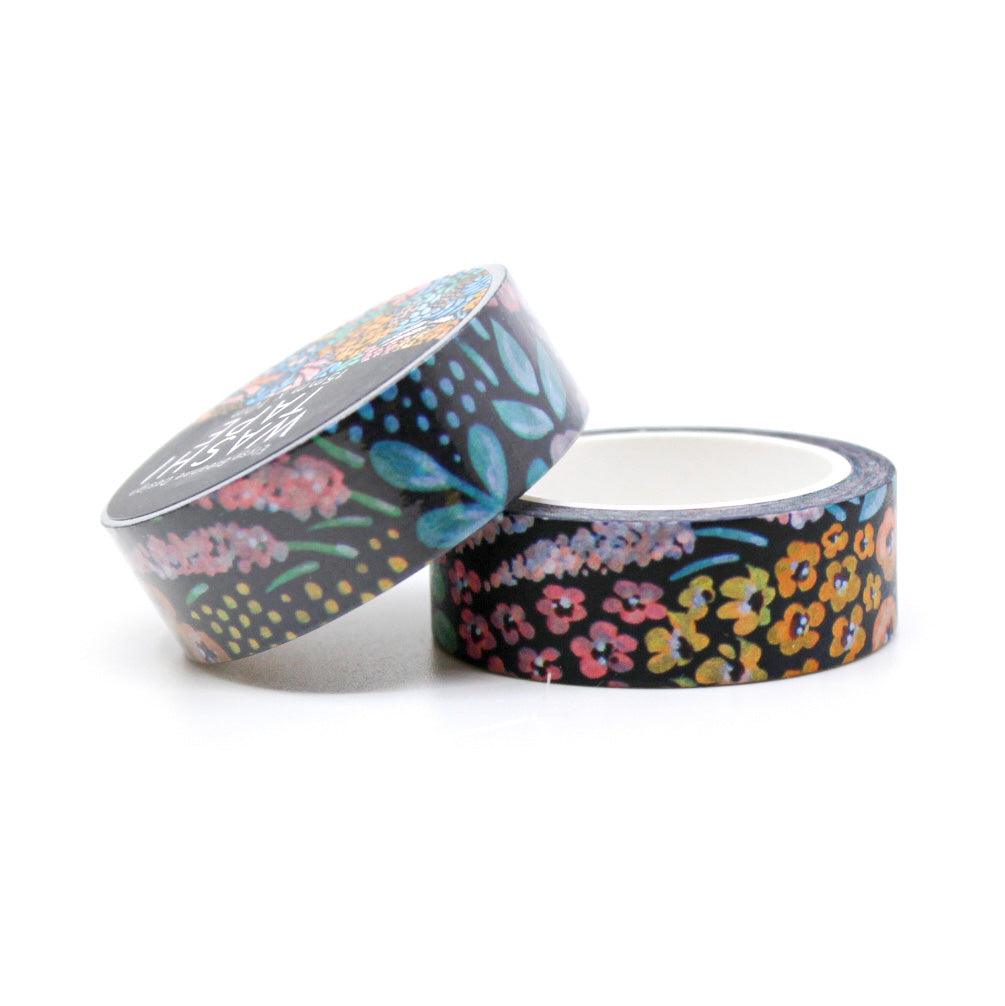 Modern Black Floral Washi Tape: Elegant black tape with contemporary floral designs, ideal for adding a sophisticated touch to your planners, scrapbooks, and craft projects. This tape is from Elyse Breanne Designs and sold at BBB Supplies Craft Shop.