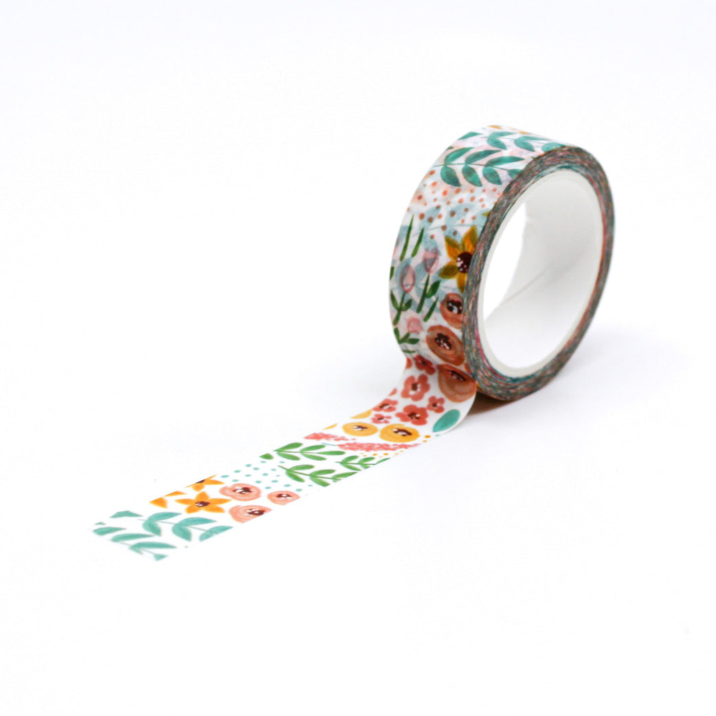 Modern White Summer Floral Washi Tape: Elegant white tape adorned with vibrant summer flowers, perfect for enhancing your planners, journals, and craft projects with a fresh, seasonal touch. This tape is from Elyse Breanne Designs and sold at BBB Supplies Craft Shop.