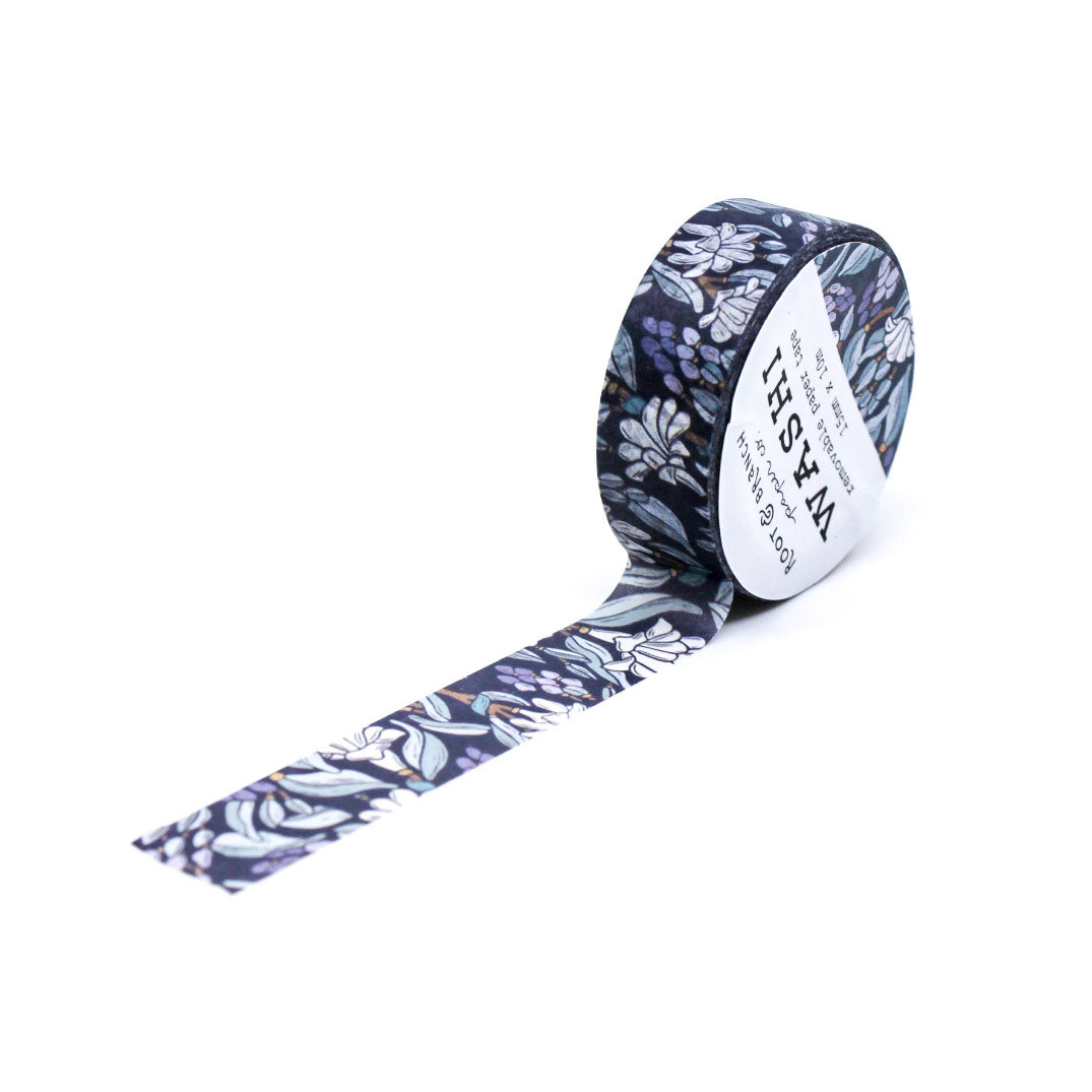 This blue Moonlight Tuberose Floral Washi Tape brings a dreamy, serene vibe to your crafts with its delicate depiction of tuberose blooms under a soft blue moonlit sky. The intricate floral design paired with deep blue hues evokes a sense of calm and elegance, making it perfect for enhancing journals, planners, or DIY projects.