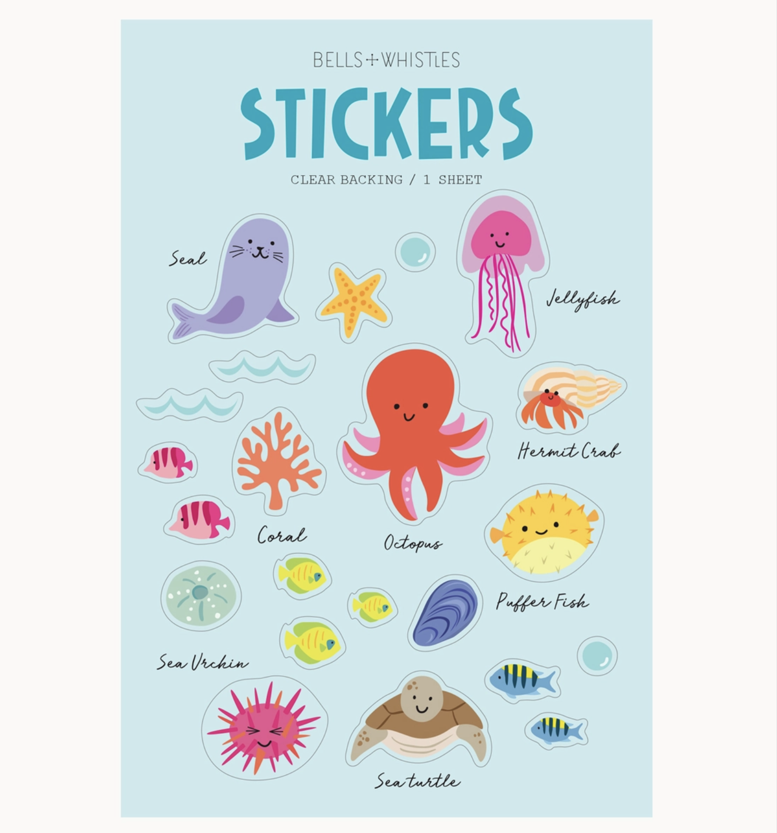 Ocean sticker sheet with seashell, starfish, and sea turtle designs for planners and scrapbooking.