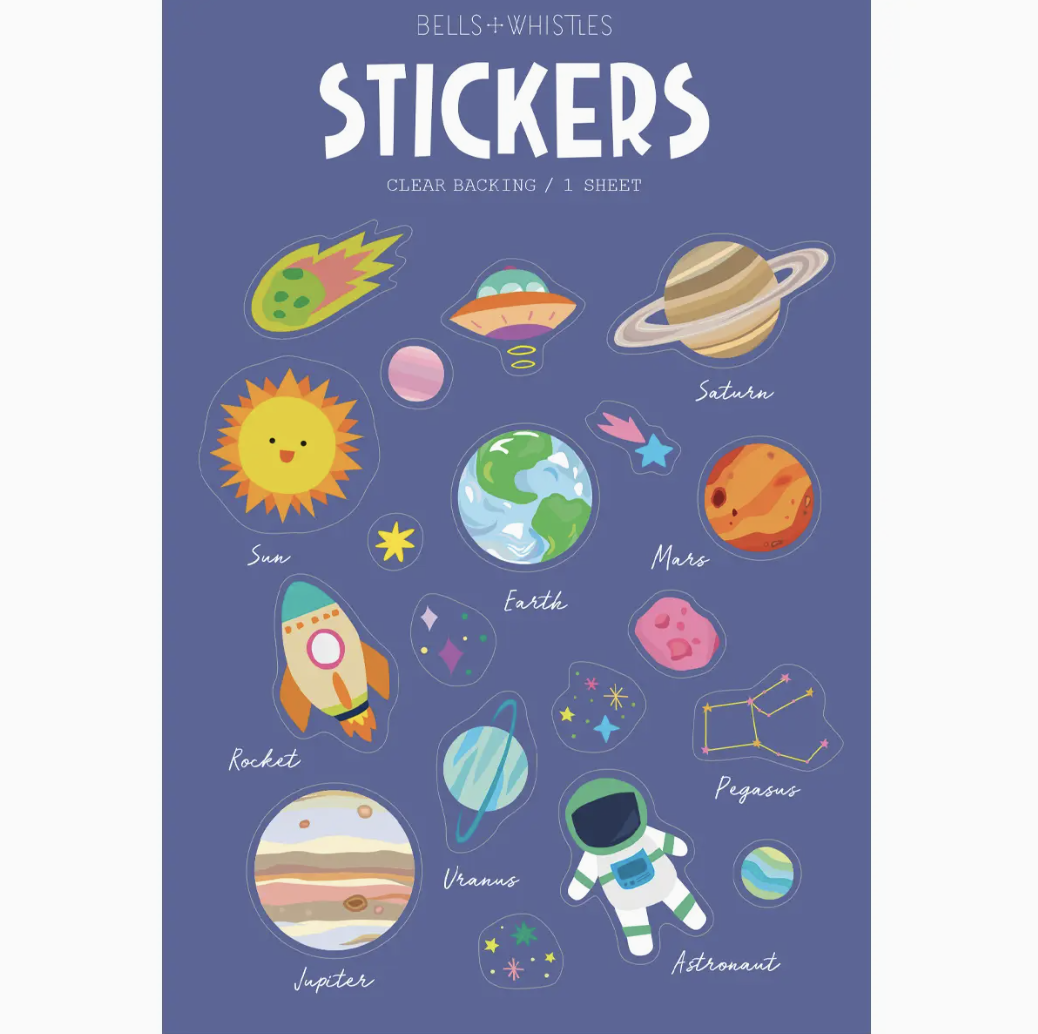 Outer space planet sticker sheet with colorful planets, rockets, and stars