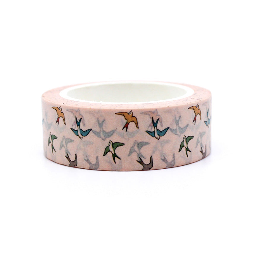 Decorate your projects with the delicate charm of these pastel sparrow birds. This washi tape features sweet sparrows in soft, muted colors, perfect for adding a whimsical touch to your crafts, journals, or scrapbooks. This tape is sold at BBB Supplies Craft Shop.