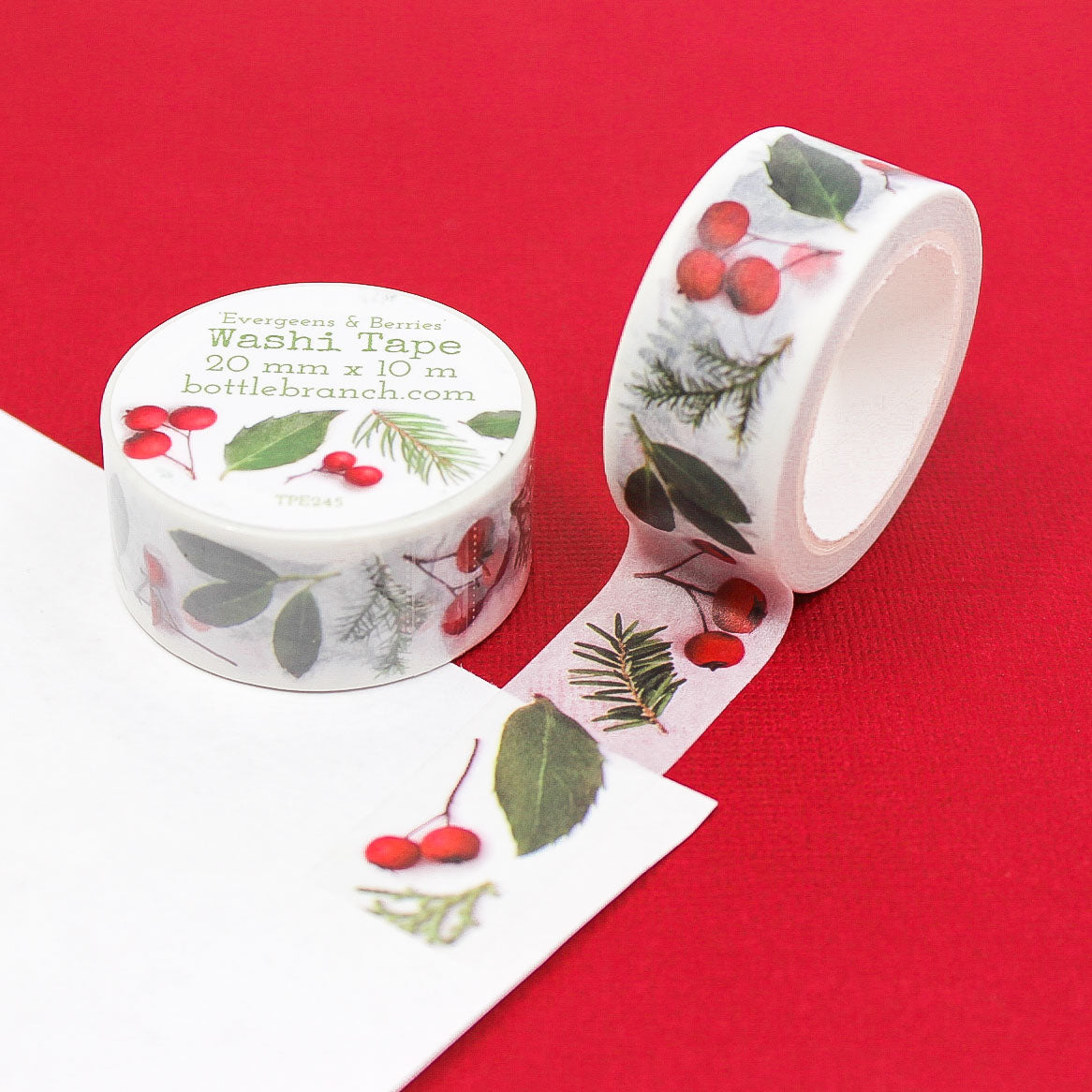 Evergreen and berries floral pattern washi tape for planners and journaling.