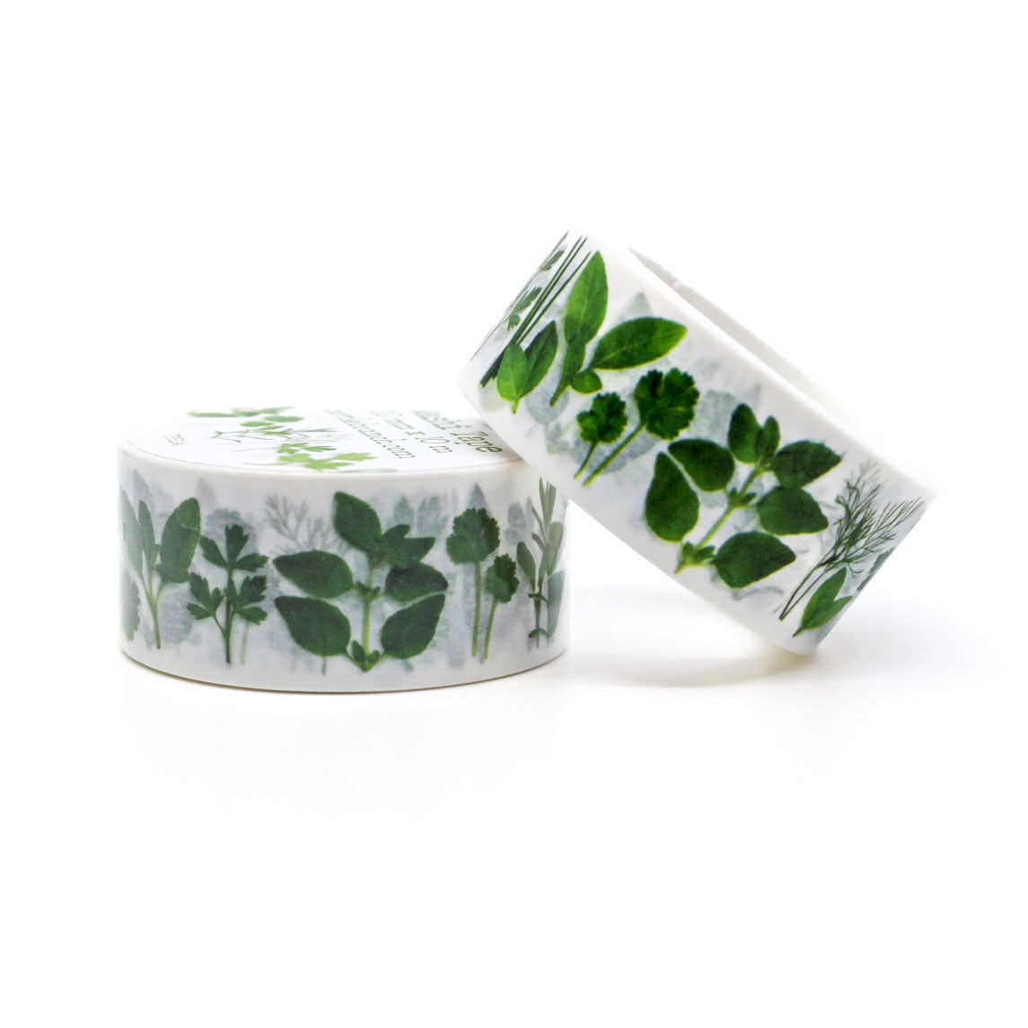 Two rolls of Green botanical washi tape with herbs and leaves design.