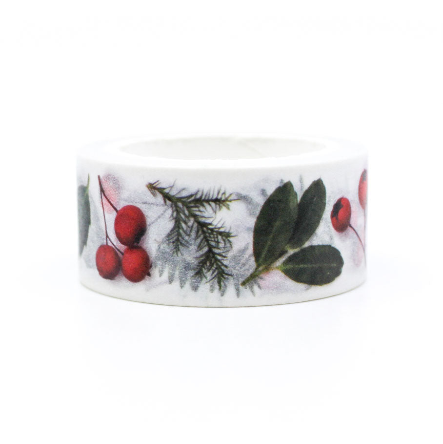 Nature-inspired floral washi tape featuring evergreen foliage and red berries.