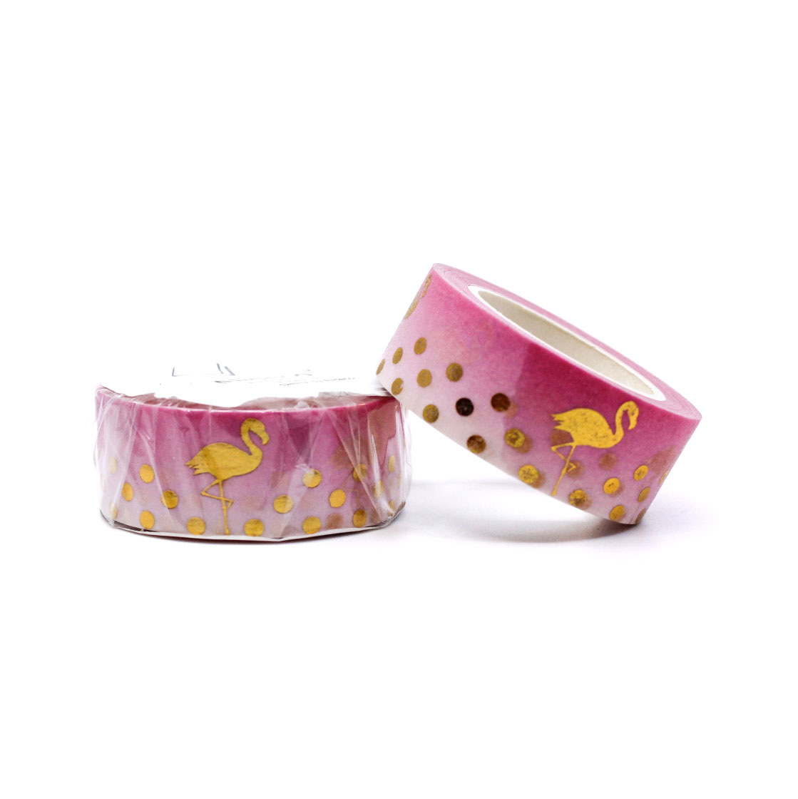 Pink and gold flamingo patterned washi tape roll displayed next to packaging.