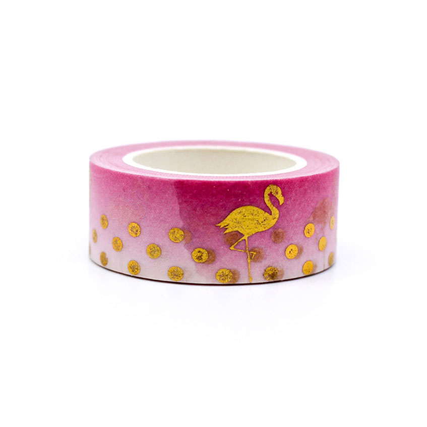 Decorative pink washi tape with golden flamingos used for planner and journaling.