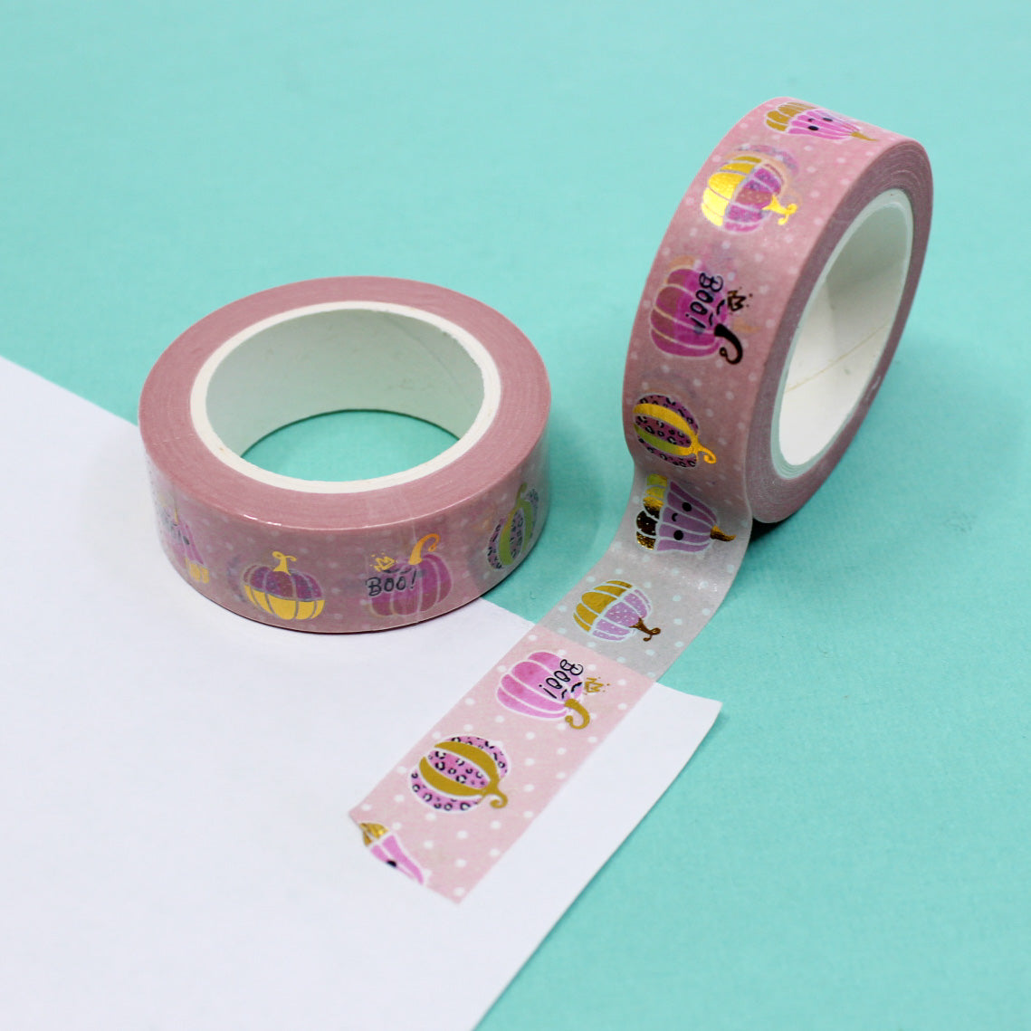 This elegant washi tape combines pink hues with gold foil accents, featuring charming pumpkins that add a touch of sophistication to your fall-themed crafts. This tape is sold at BBB Supplies Craft Shop.