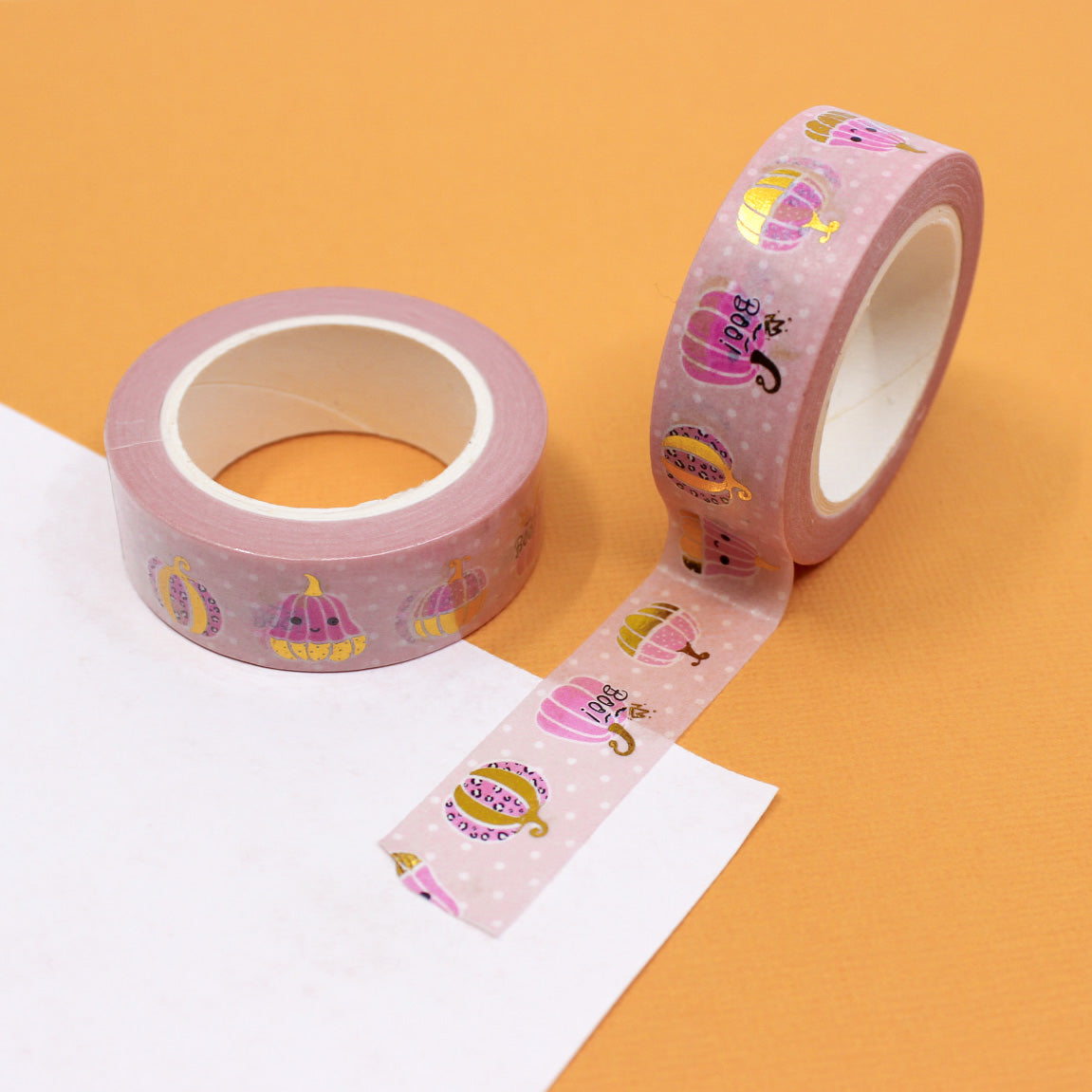 This elegant washi tape combines pink hues with gold foil accents, featuring charming pumpkins that add a touch of sophistication to your fall-themed crafts. This tape is sold at BBB Supplies Craft Shop.