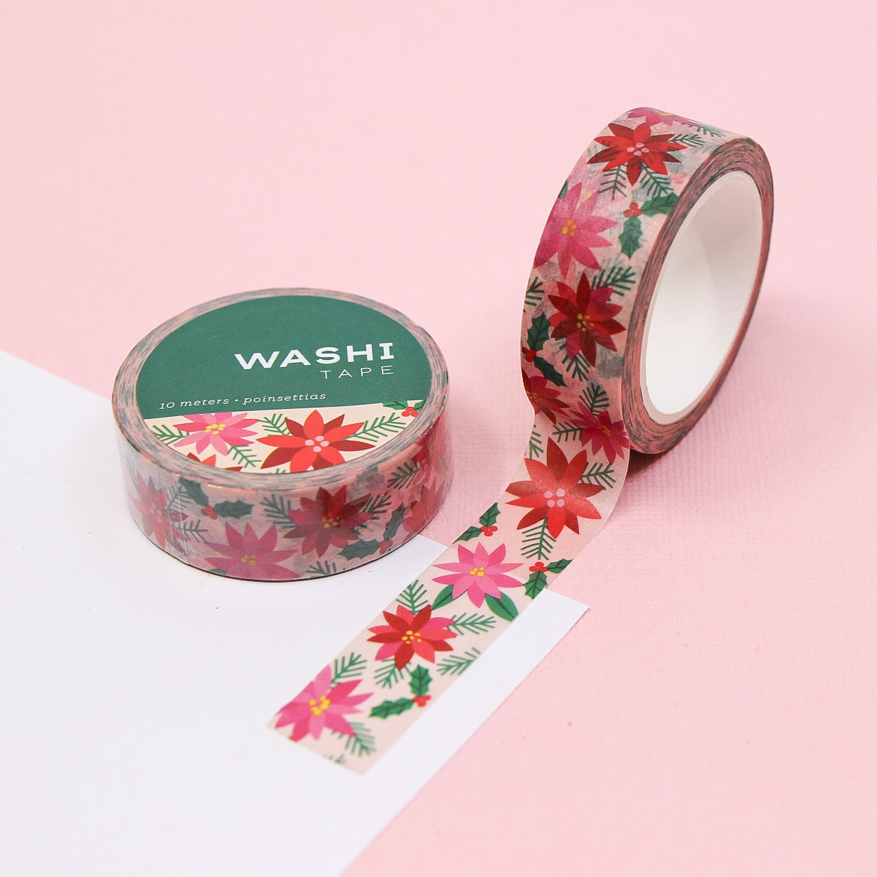 Poinsettias Washi Tape with red and pink holiday flowers on beige background — Christmas floral journaling tape.