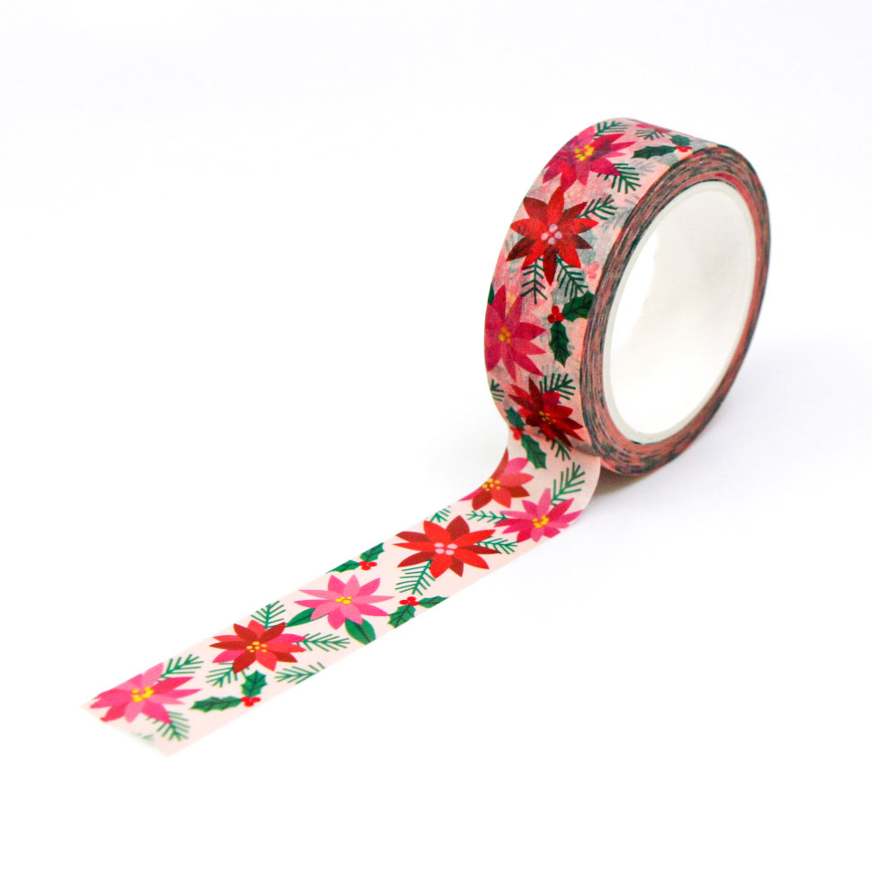 Red and pink poinsettia patterned washi tape for festive journaling, wrapping, and planner decorating.