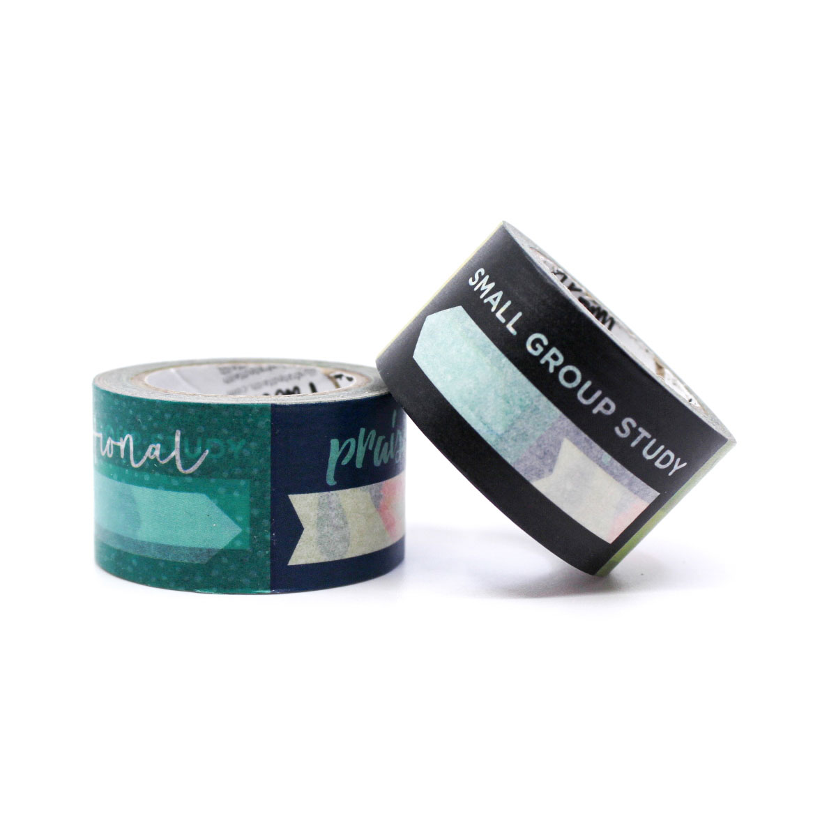 Faith-based decorative washi tape in pink, teal, and navy on a light green background.
