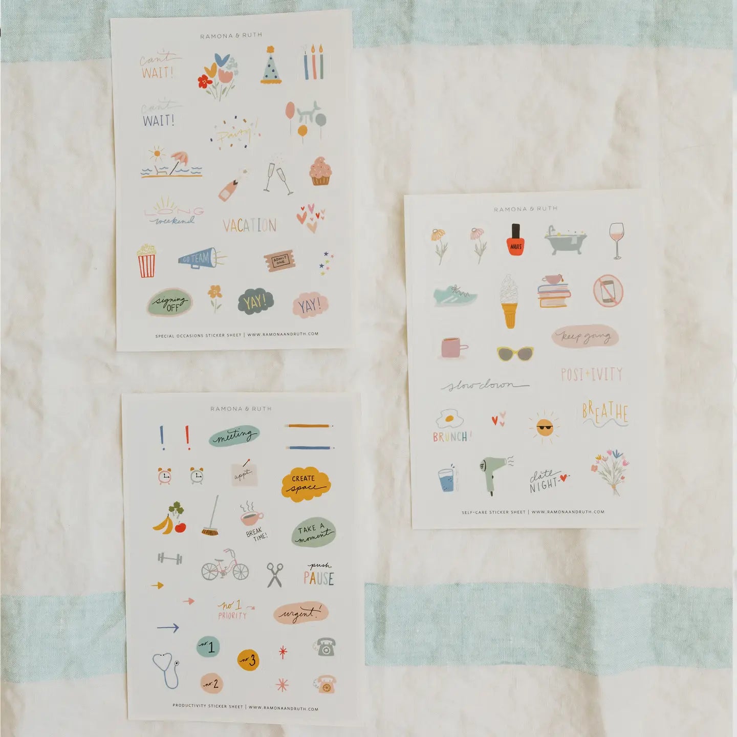 Three sheets showing all three options of decorative Planner stickers featuring popcorn, movie night, and celebration icons