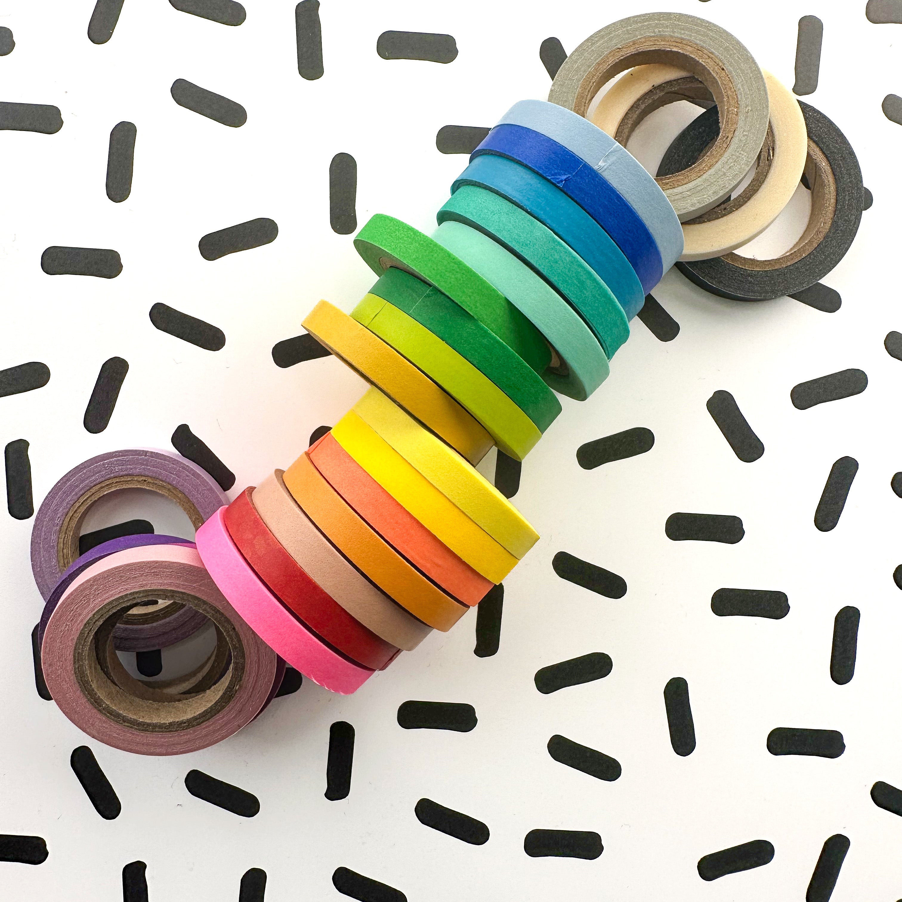 Add a pop of vibrant color to your crafts with our set of 23 rainbow-colored narrow solid color washi tapes, perfect for adding accents and borders to your projects. This set is sold only at BBB Supplies Craft Shop.