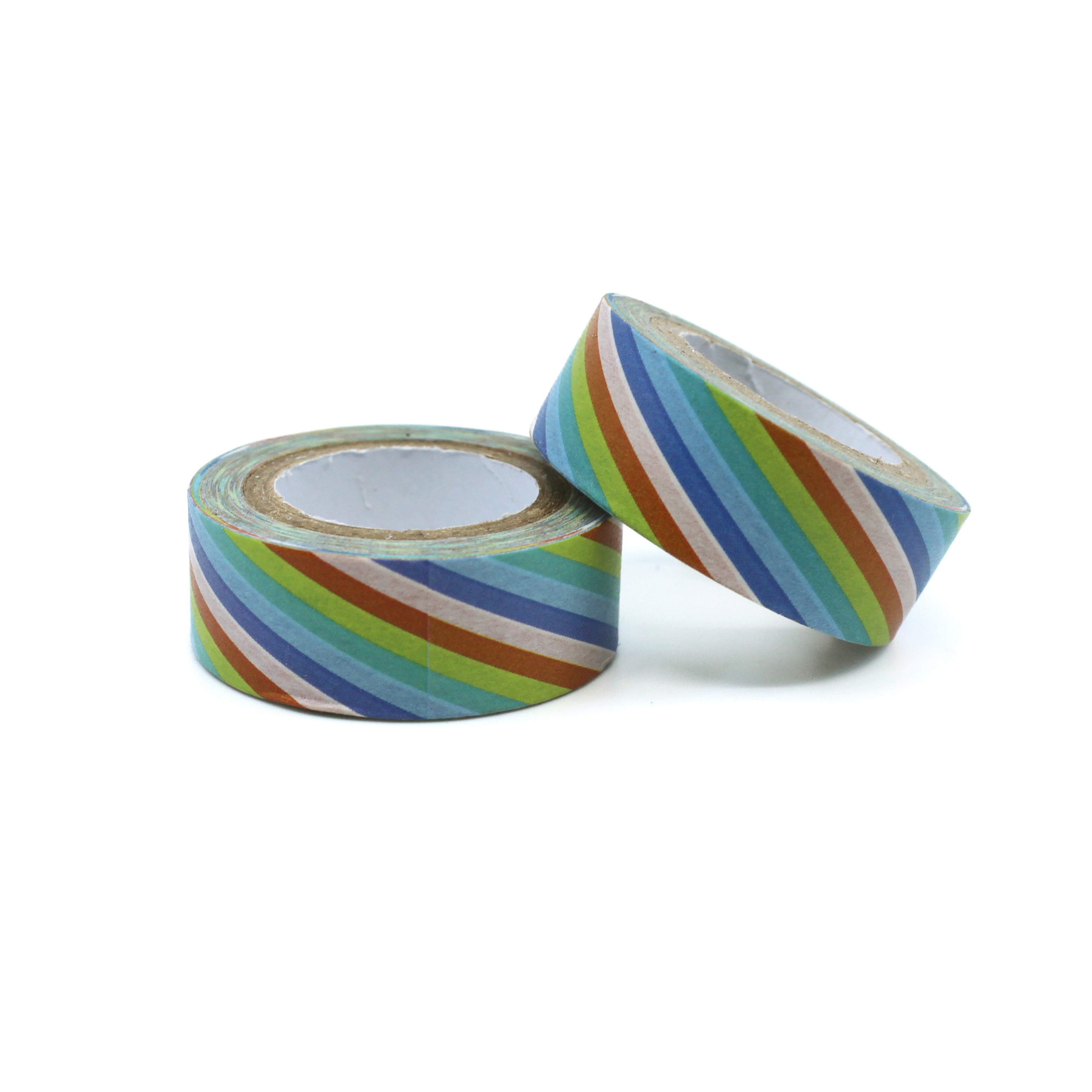 Two rolls of rainbow striped washi tape with colorful diagonal stripe pattern.