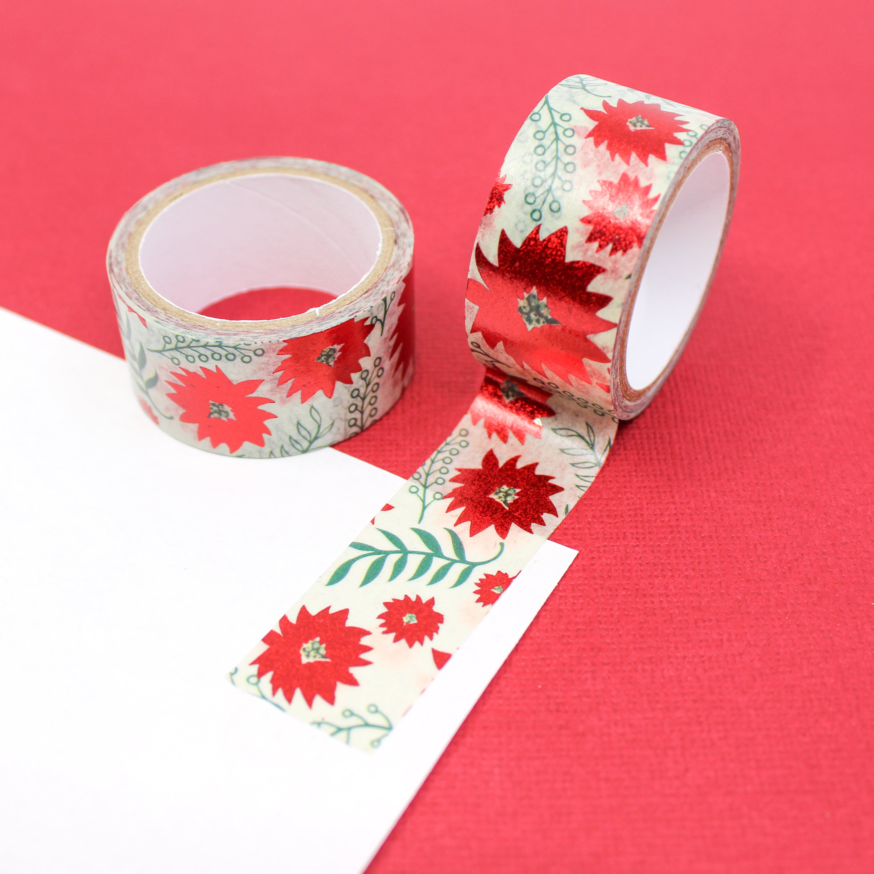 Celebrate the holidays with our poinsettia-themed washi tape, ideal for adding a classic and festive touch to your crafts, embodying the joy and tradition of holiday blooms. This tape is sold at BBB Supplies Craft Shop.