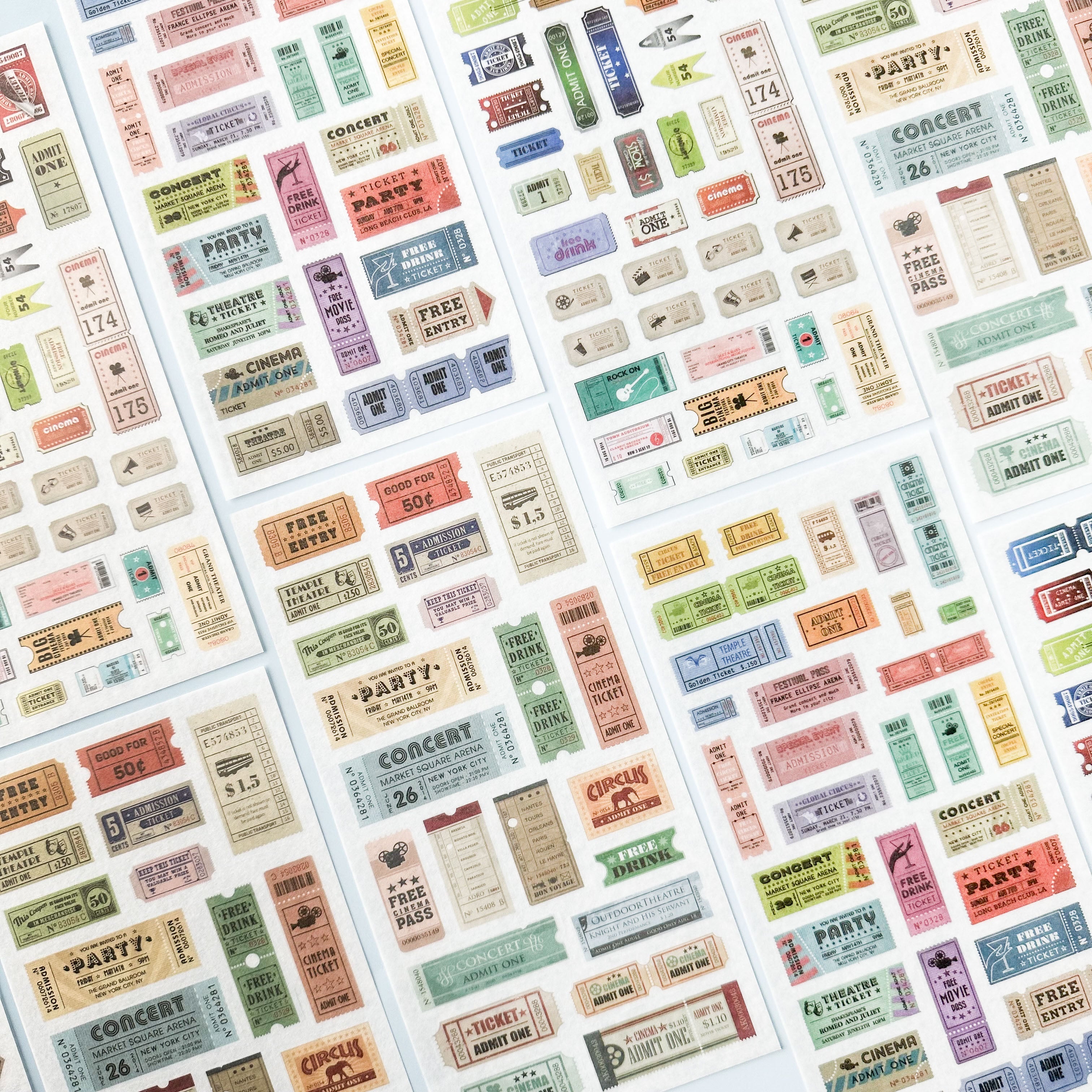 Collection of vintage-style ticket Stickers in various colors on a white background