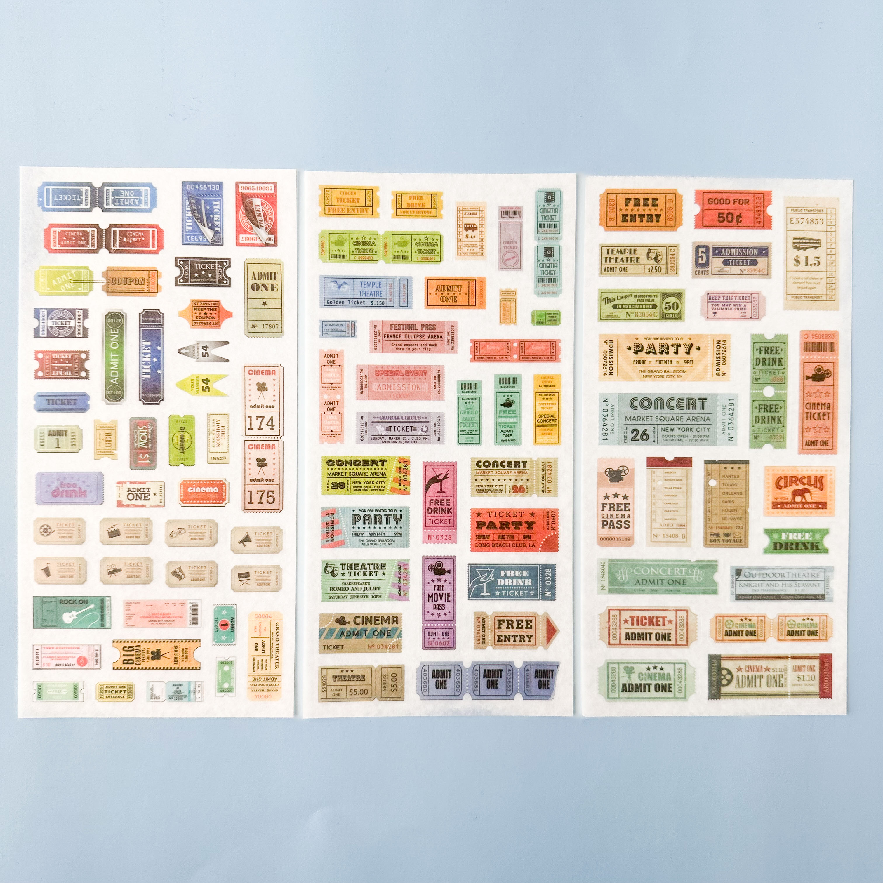 Vintage concert and theater ticket sticker sheet with retro designs.