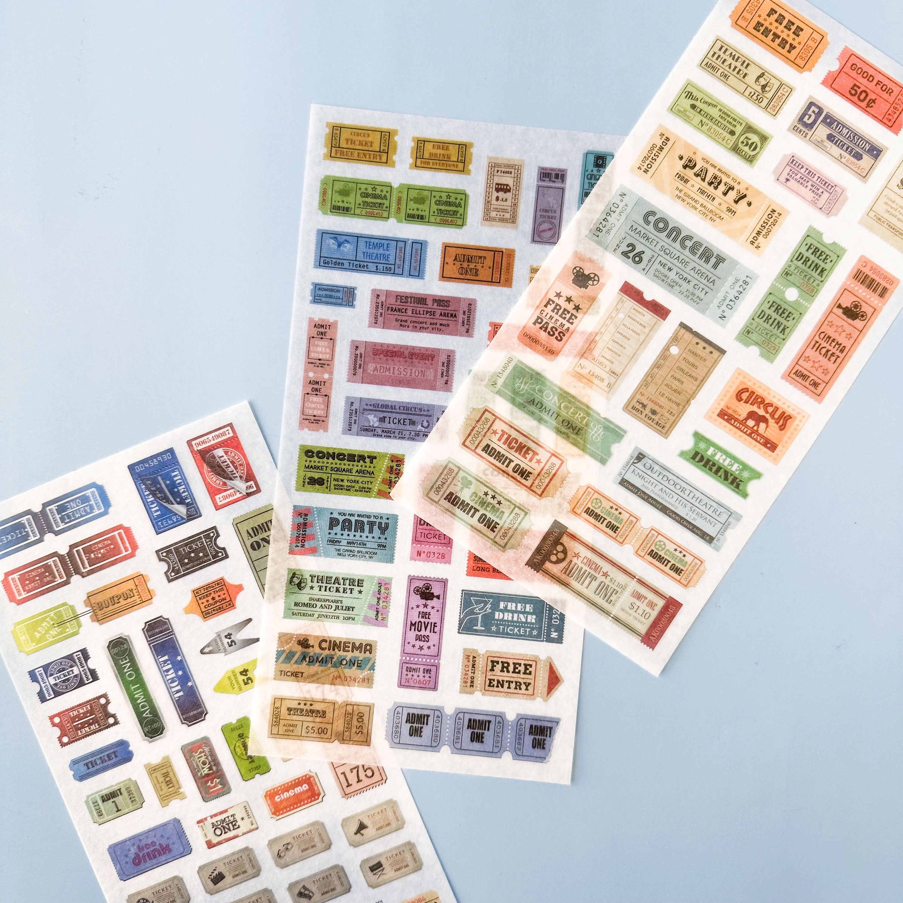 Old-fashioned ticket sticker sheet for journaling and scrapbooking.