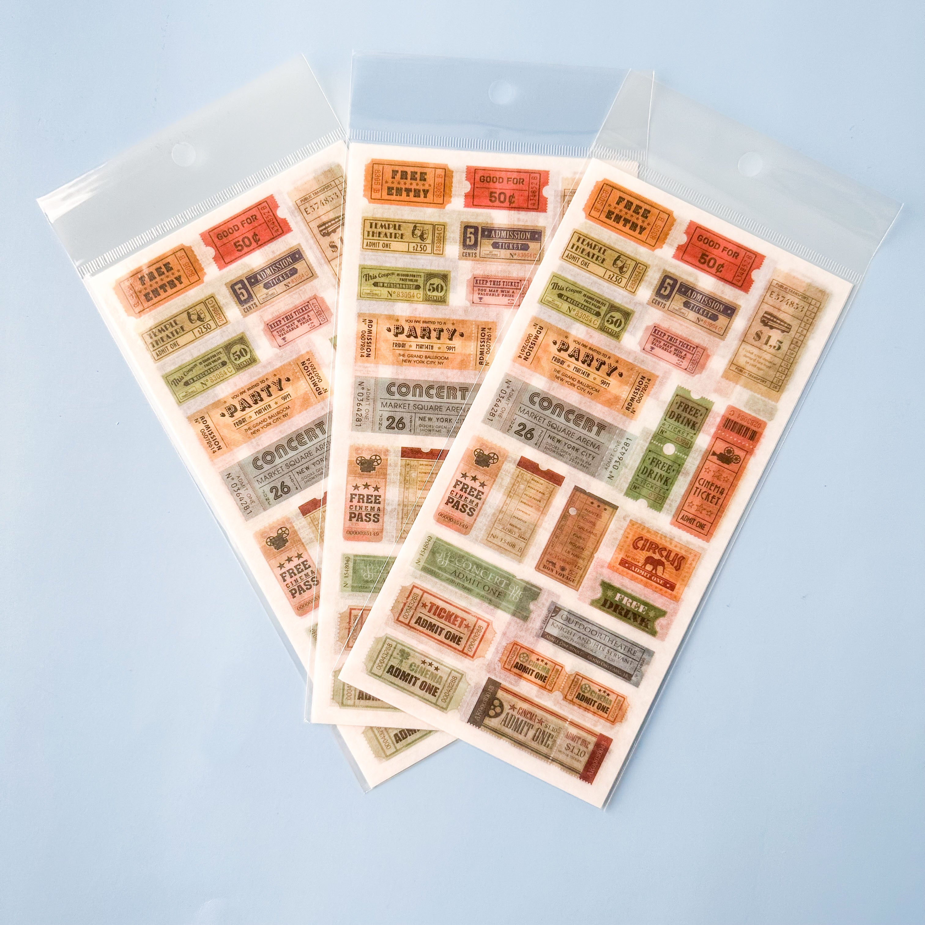 Sheet of vintage-style Matte sticker sheet with antique-style concert and theater ticket designs.