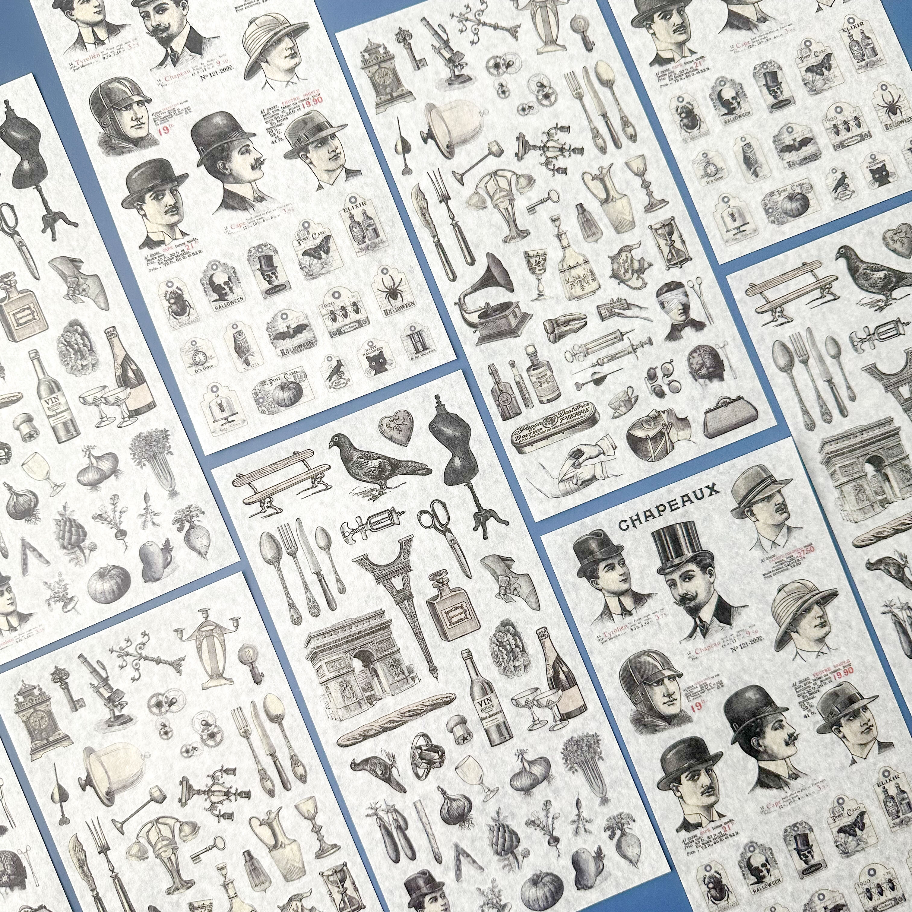 Retro vintage advertisement sticker sheet in black and white design.