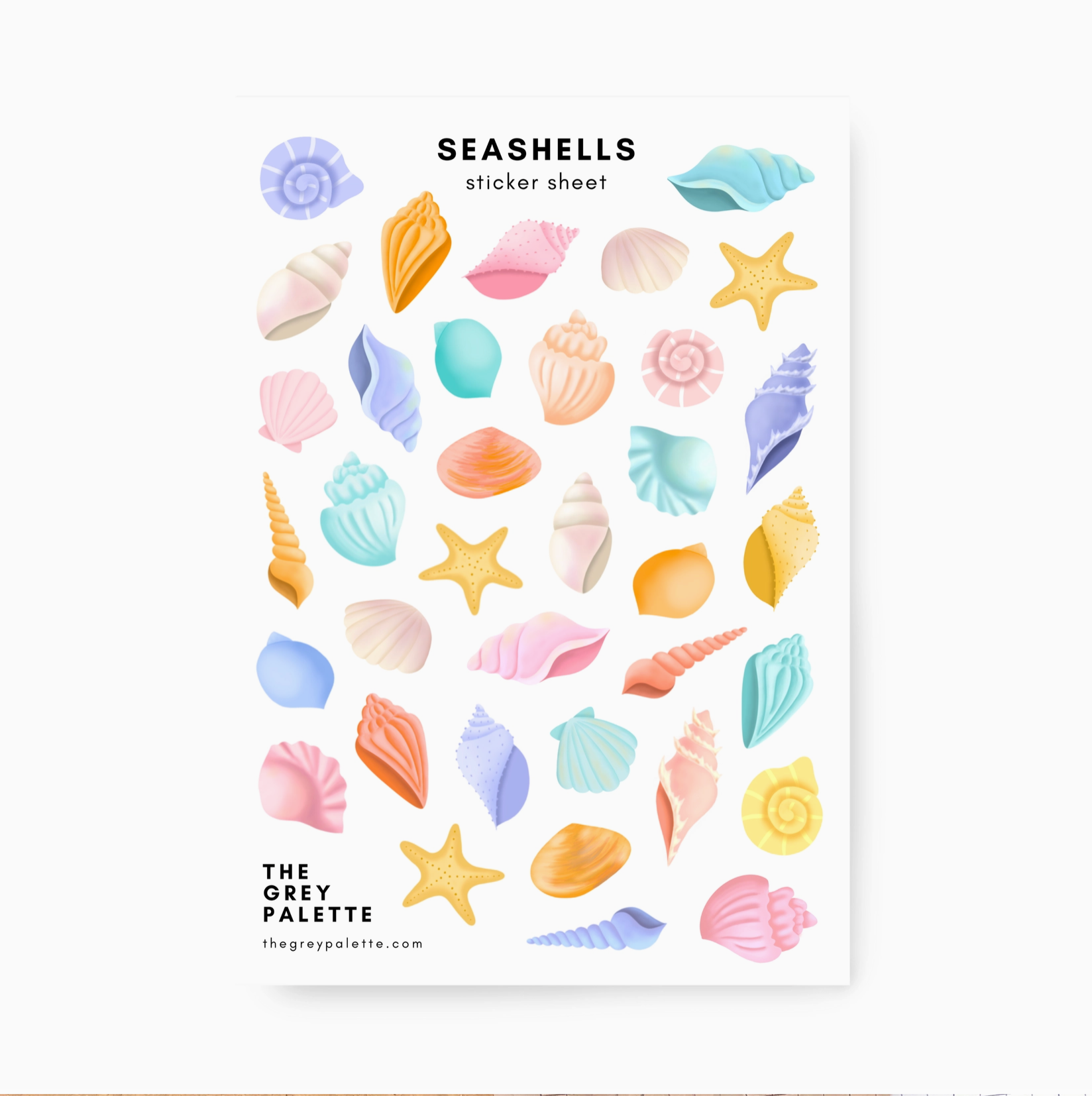 beach Sticker sheet featuring pastel-colored seashells in shades of pink, blue, lavender, and mint, perfect for journaling and crafts.