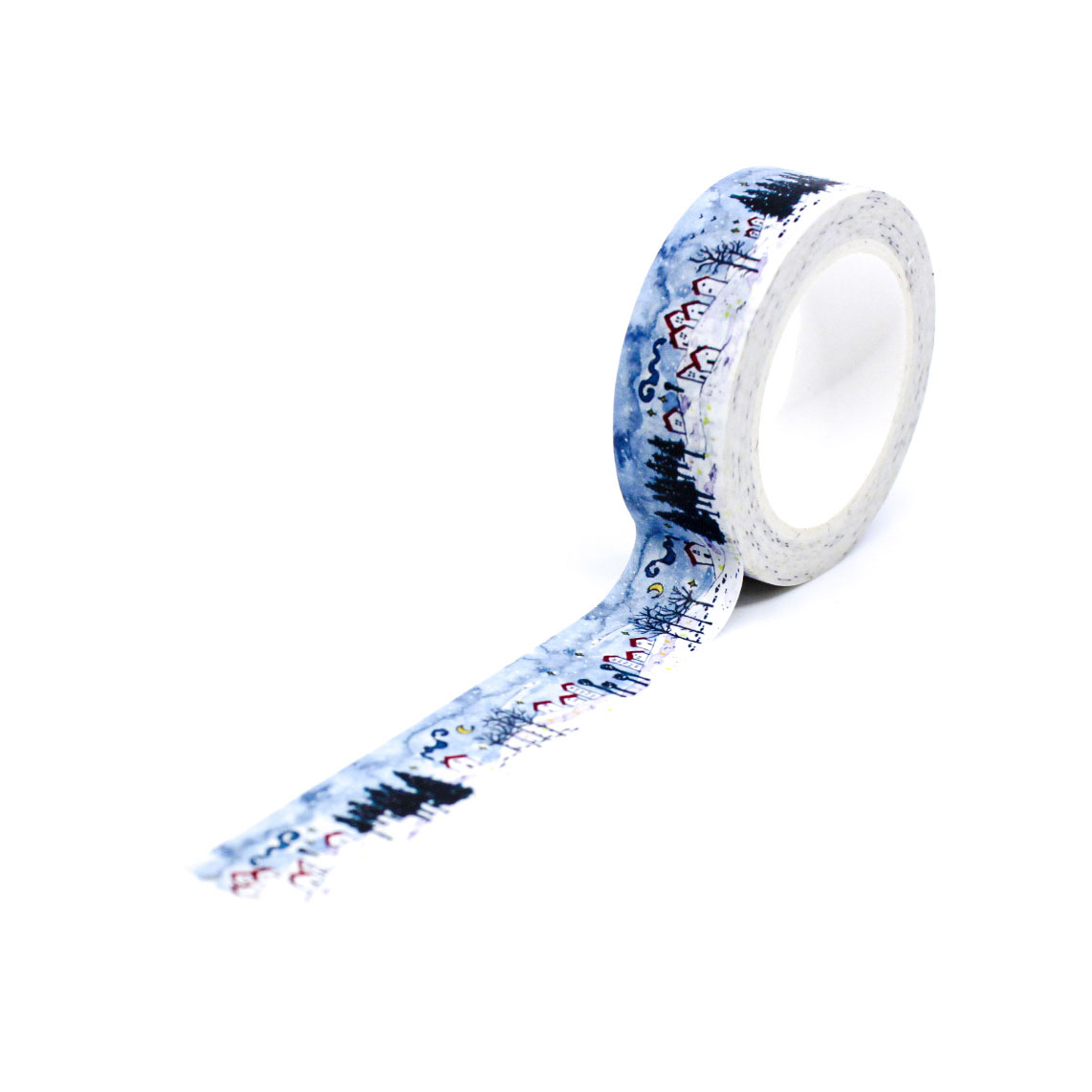 Snowy village holiday washi tape unrolled on light green background, great for Christmas wrapping and mail.